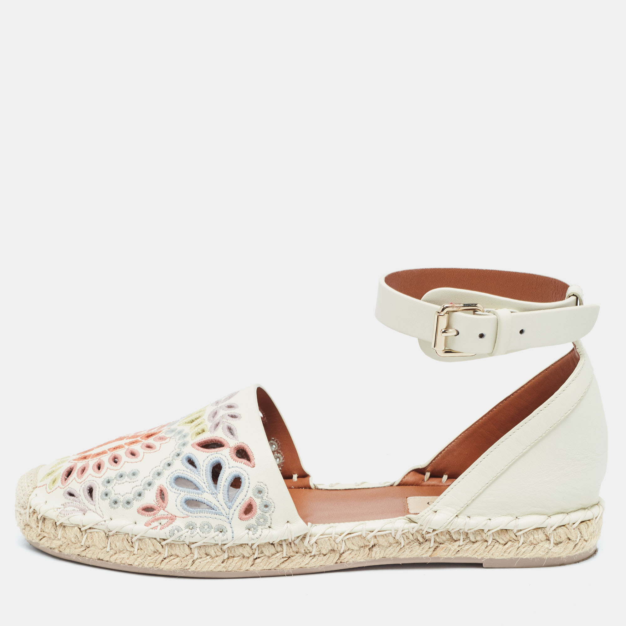 Valentino Cream  Embroidered Leather Ankle Strap Espadrille Flats Size 37