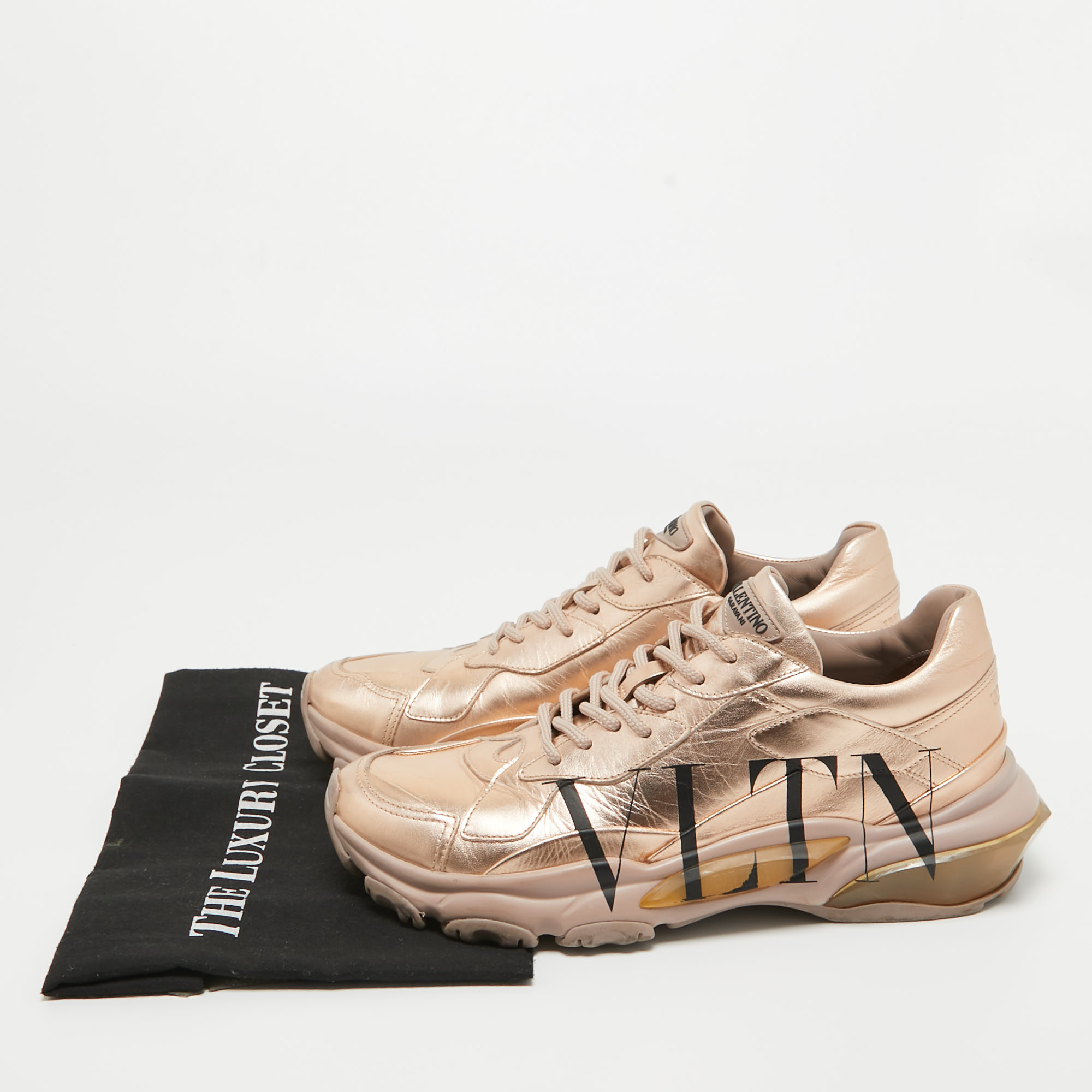 Valentino Rose Gold Leather VLTN Print Bounce Sneakers Size 40