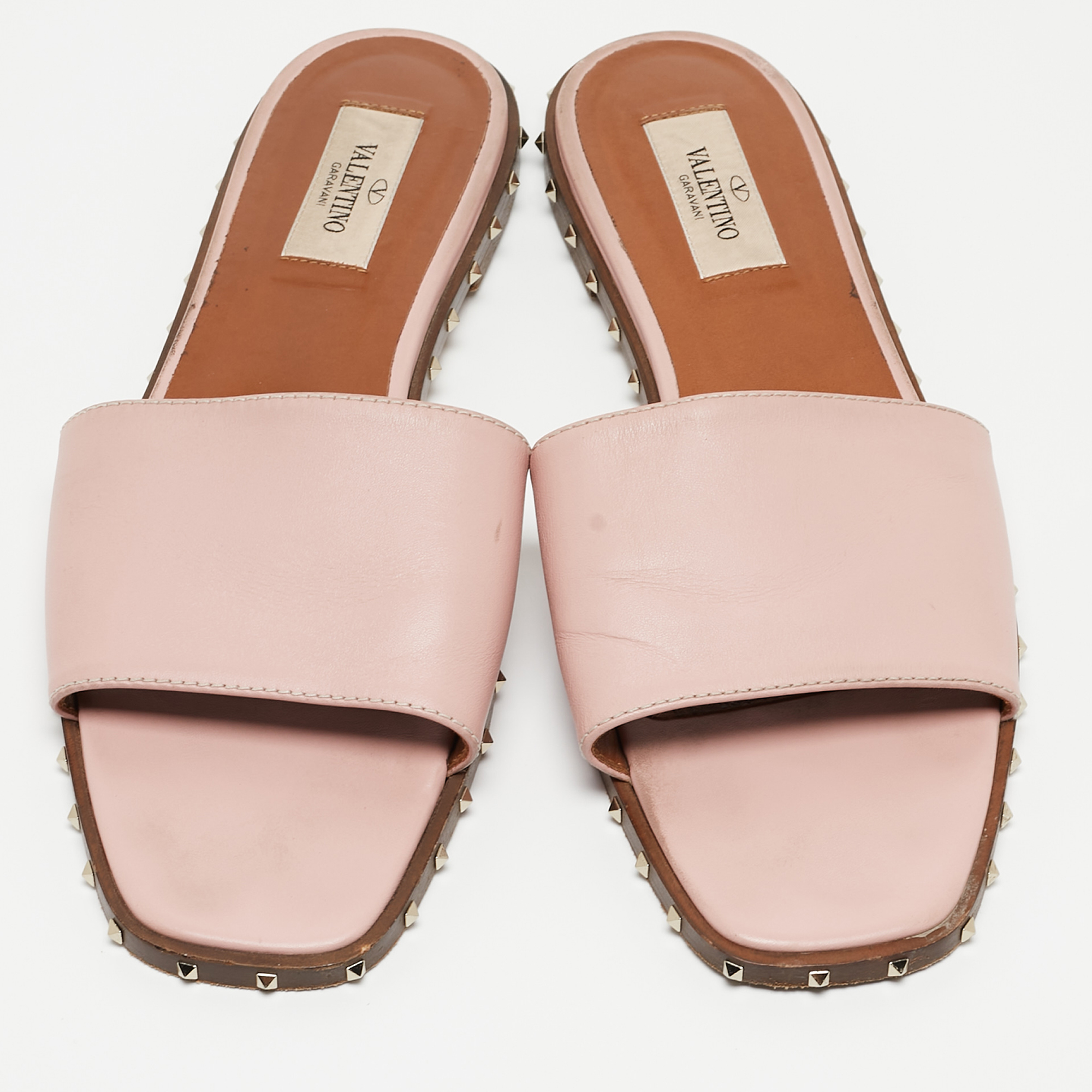 Valentino Pink Leather Soul Rockstud Flat Slides Size 39