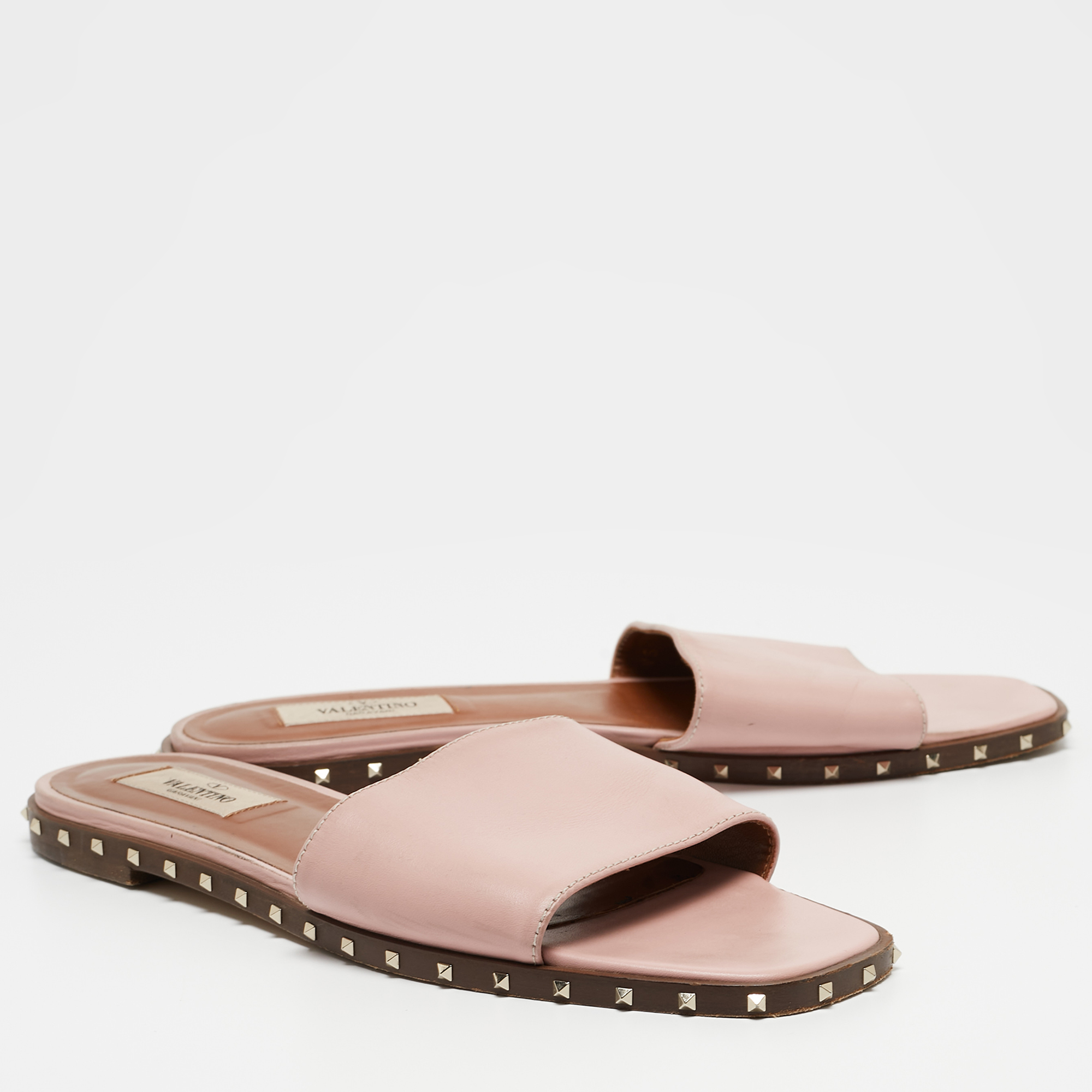 Valentino Pink Leather Soul Rockstud Flat Slides Size 39