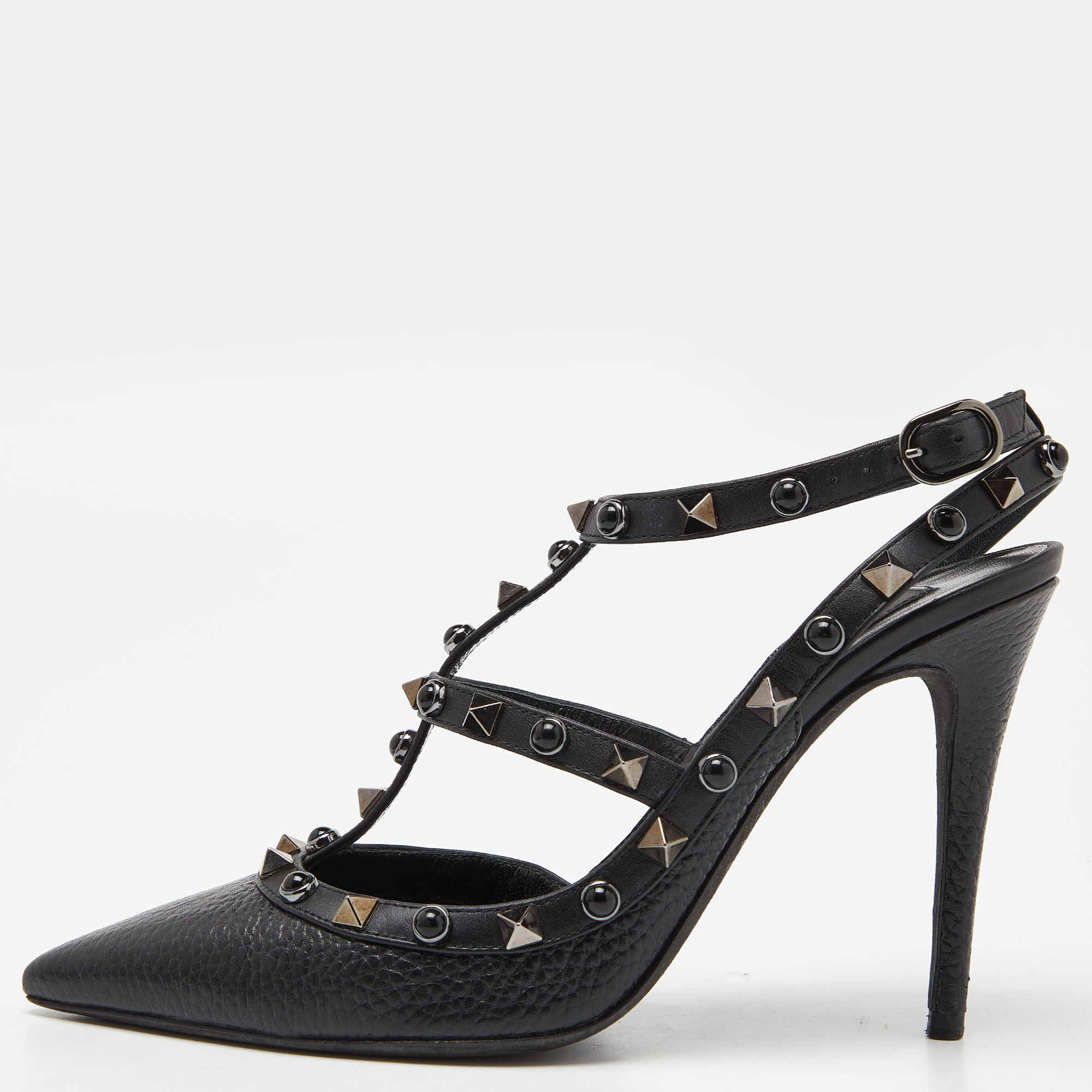 Valentino Black Leather Rockstud Strappy Pointed Toe Pumps Size 37.5