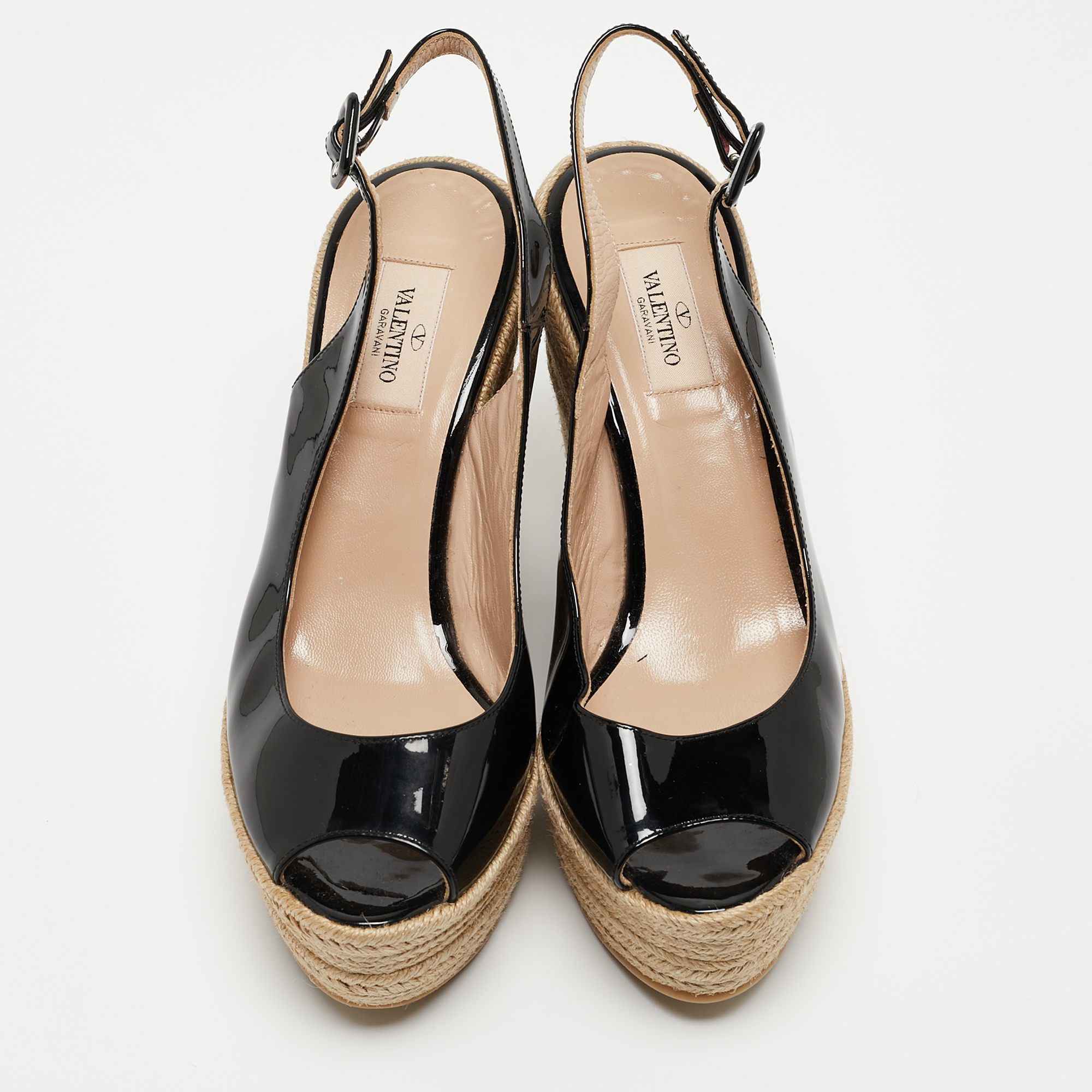 Valentino Black Patent Leather  Espadrille Wedge Sandals Size 40