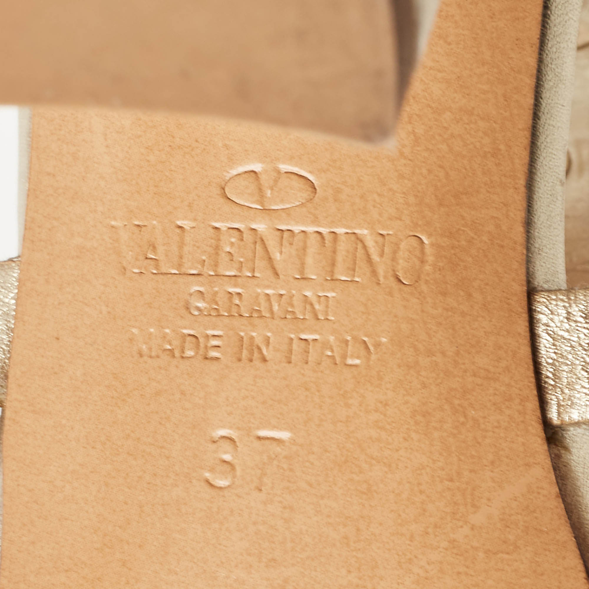 Valentino Metallic Gold Leather Rockstud Strappy Block Heel Sandals Size 37