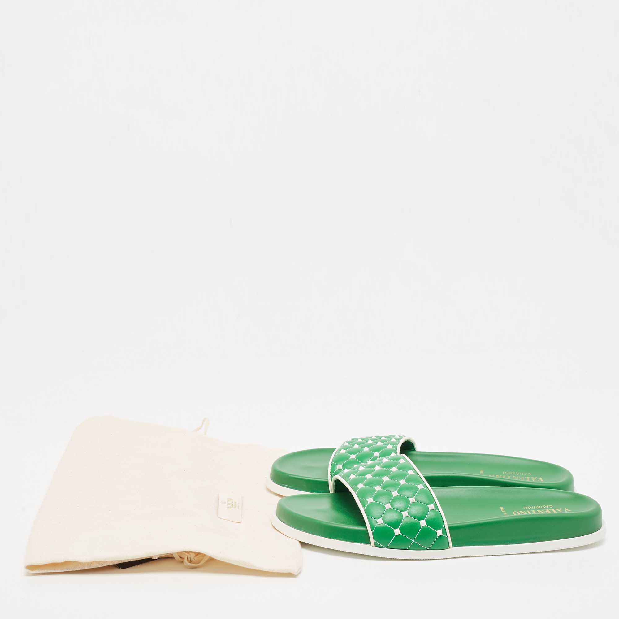 Valentino Green Leather Rockstud Flat Slides Size 39