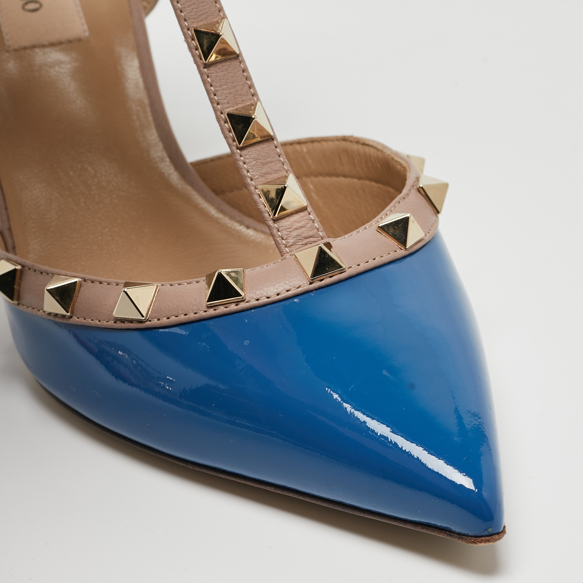 Valentino Blue Patent Leather Rockstud Ankle Strap Pumps Size 38.5