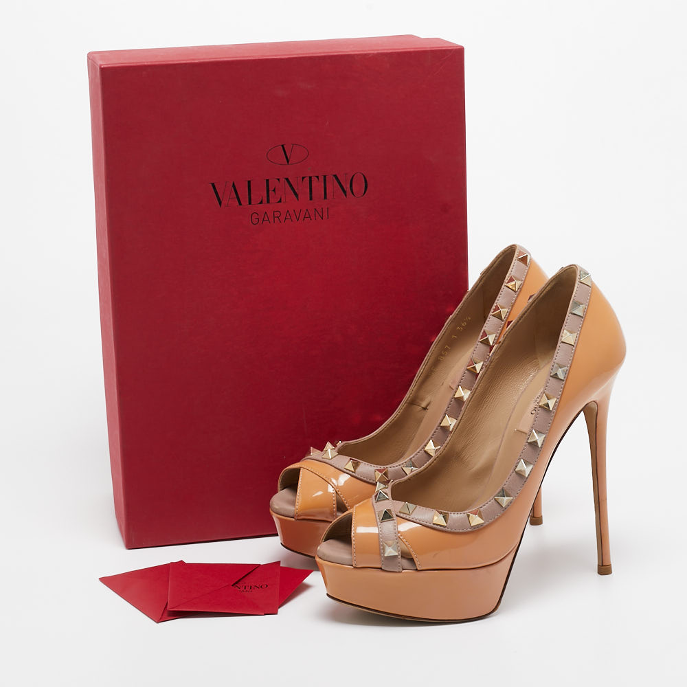 Valentino Beige Patent Leather Rockstud Platform Peep Toe Pumps Size 36.5