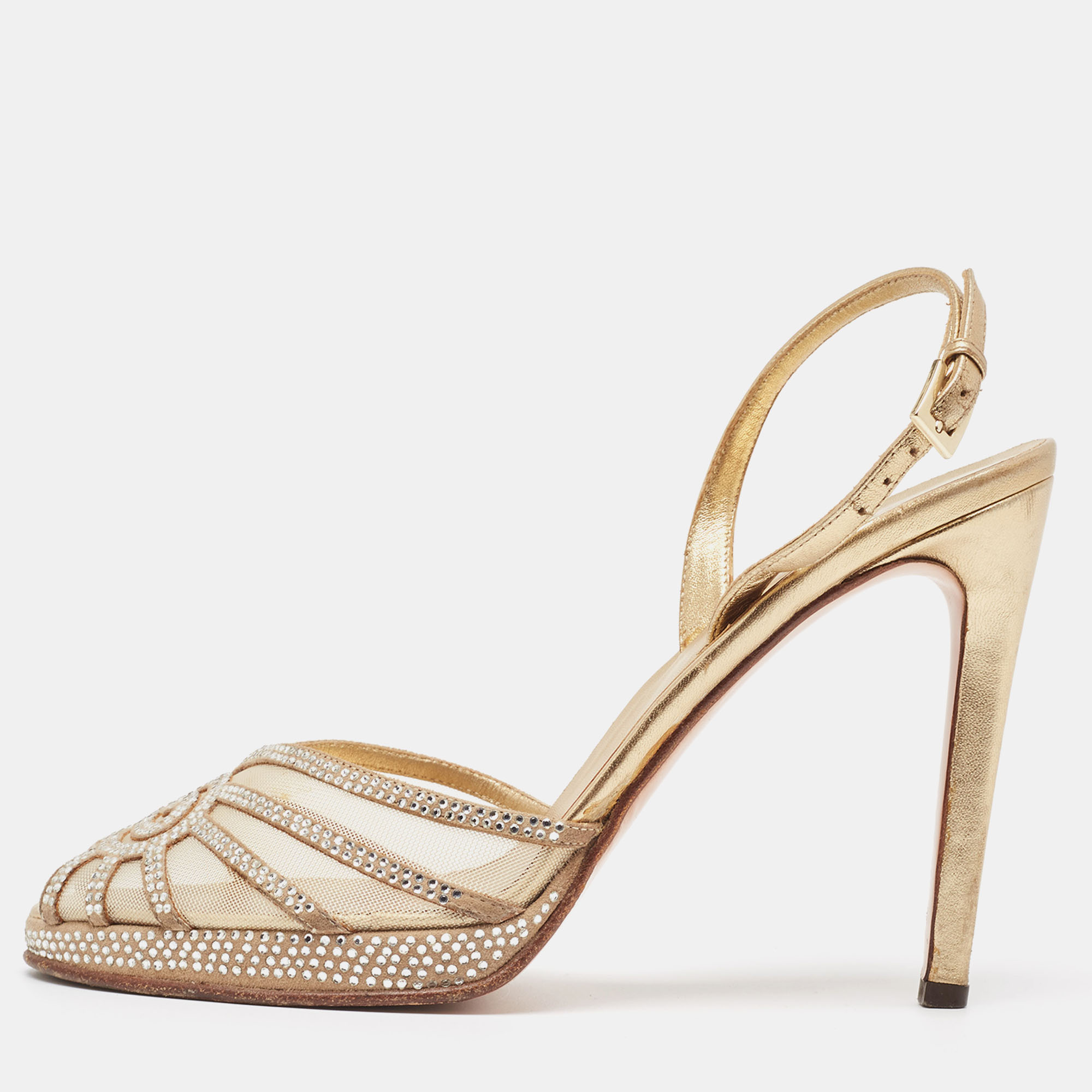 Valentino gold mesh and crystal embellished suede platform slingback sandals size 37