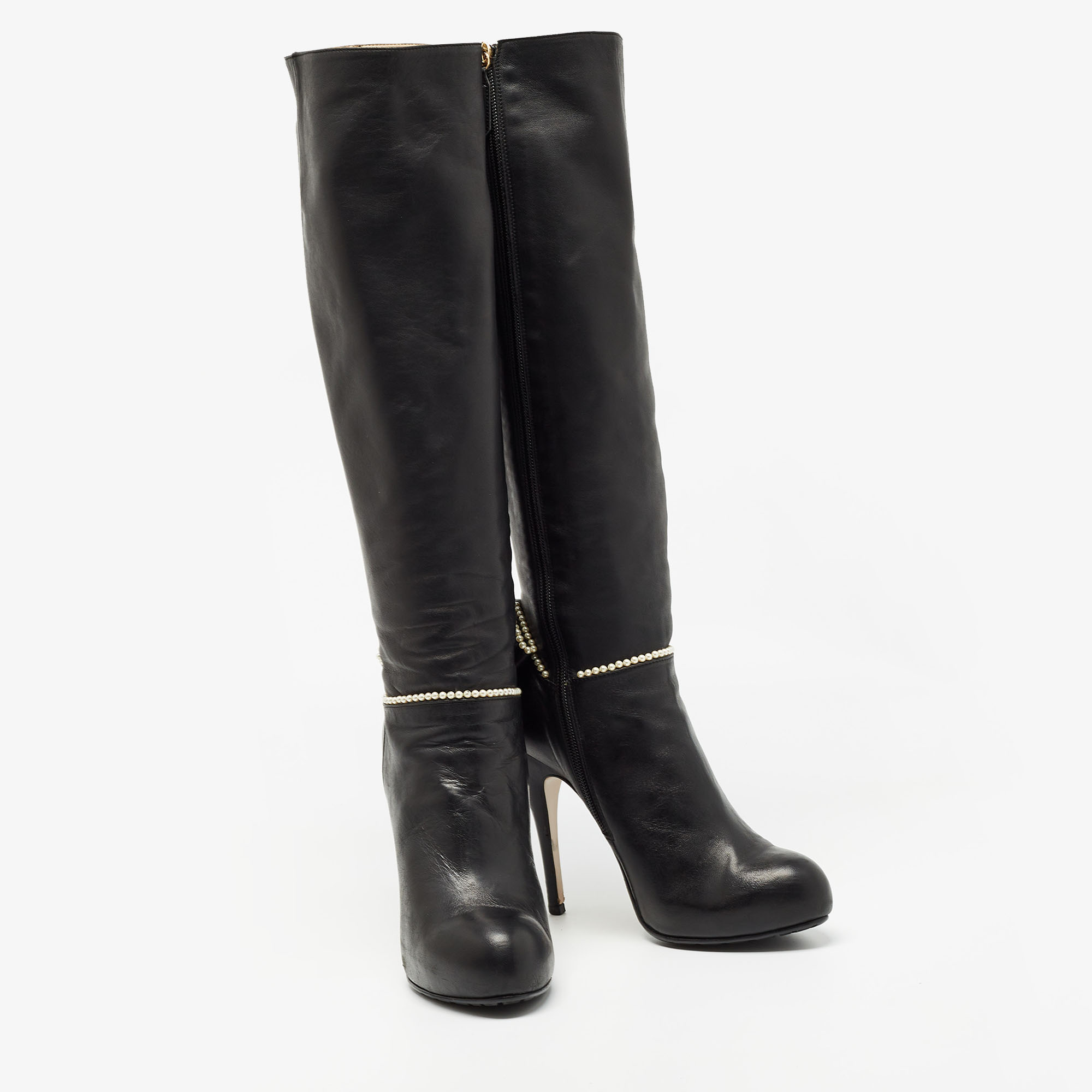 Valentino Black Leather Knee Length Boots Size 38