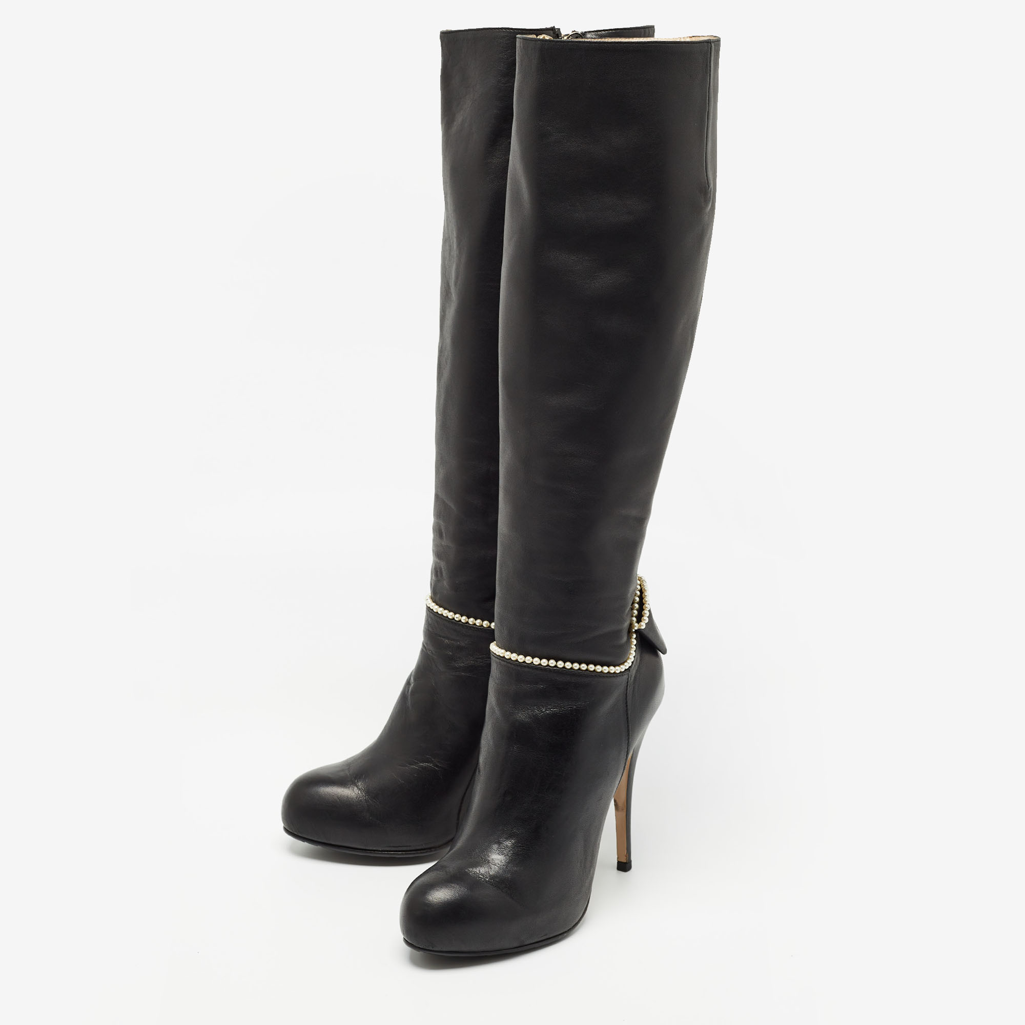 Valentino Black Leather Knee Length Boots Size 38