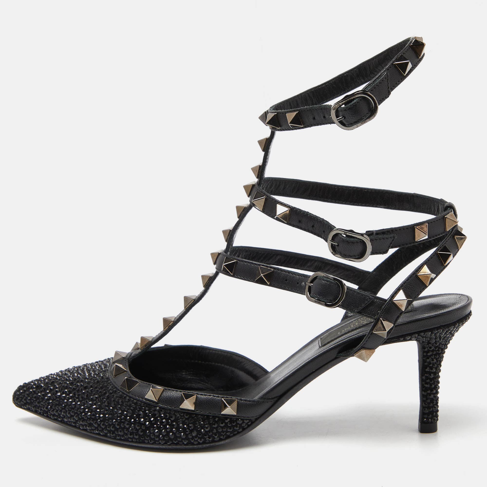 Valentino black leather crystal embellished rockstud ankle strap sandals size 38