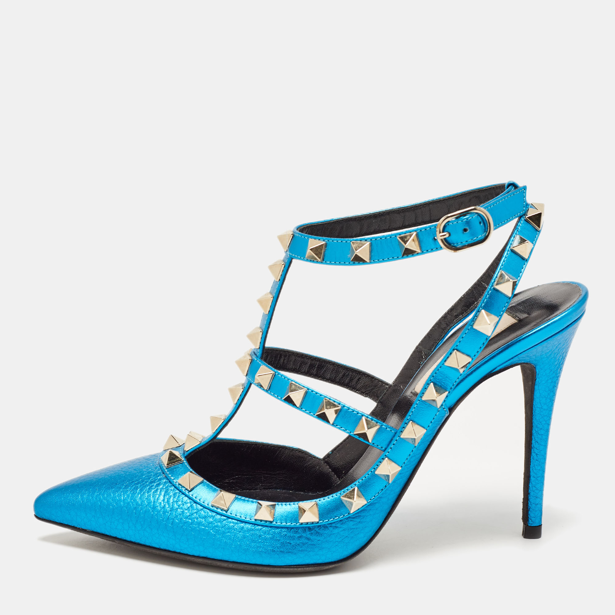 Valentino metallic blue leather rockstud ankle strap pumps size 37.5