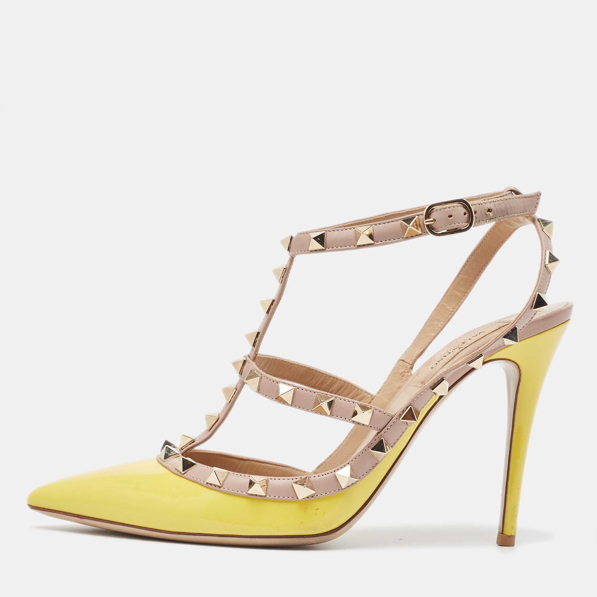 Valentino yellow/pink leather rockstud ankle strap pumps size 39.5