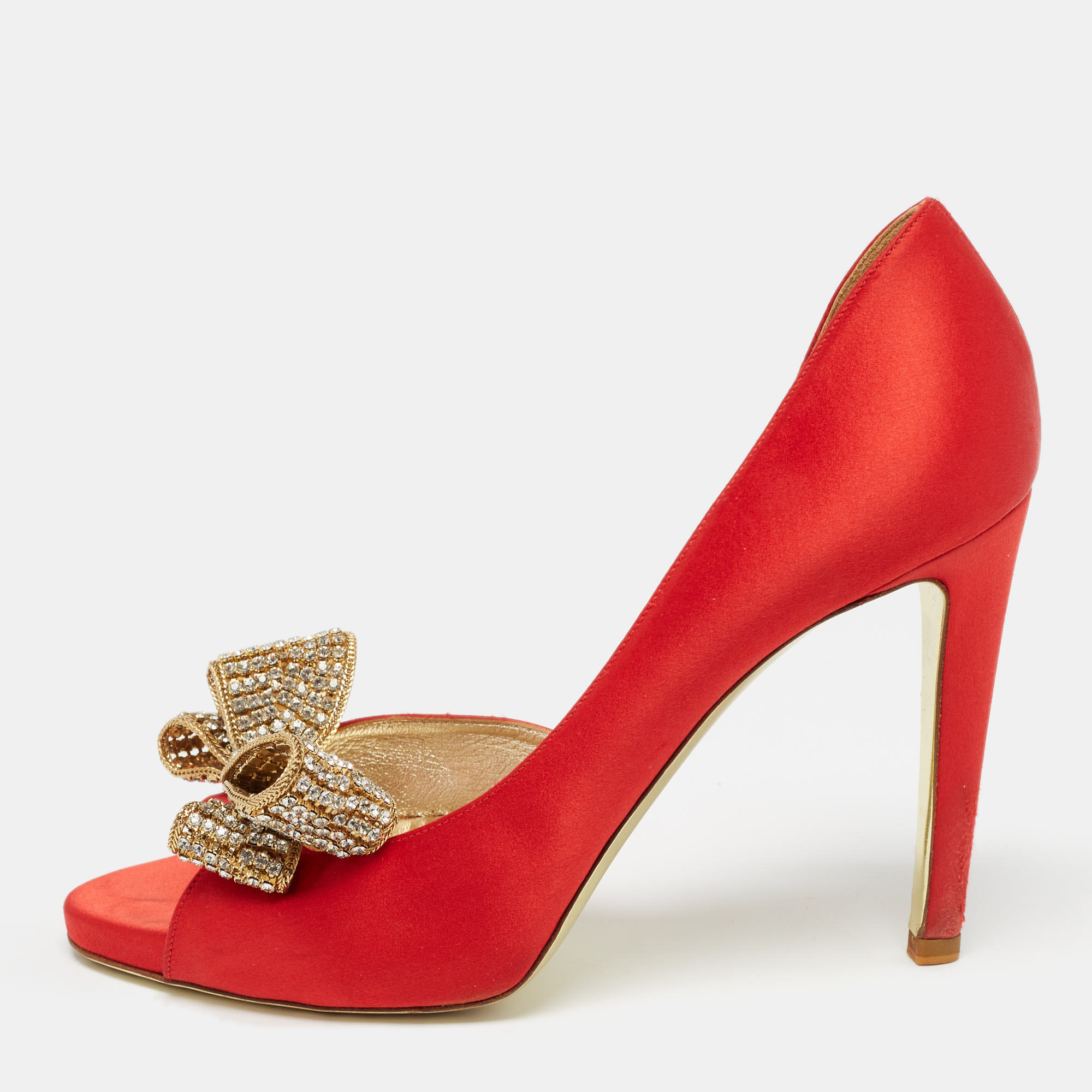 Valentino red satin crystal embellished bow d'orsay pumps size 38.5