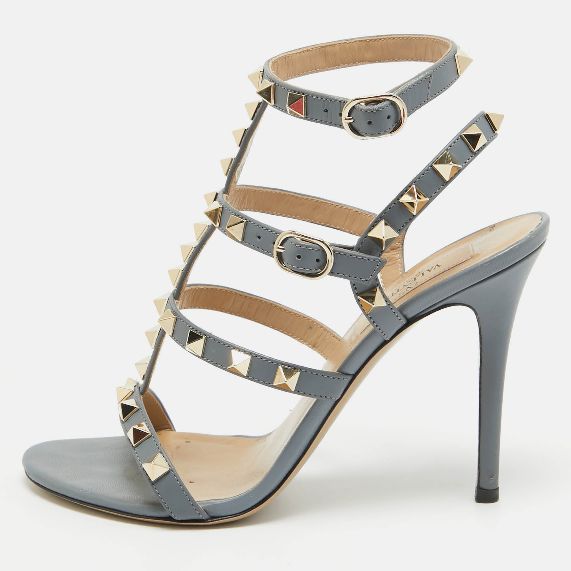 Valentino grey leather rockstud ankle strap sandals size 36