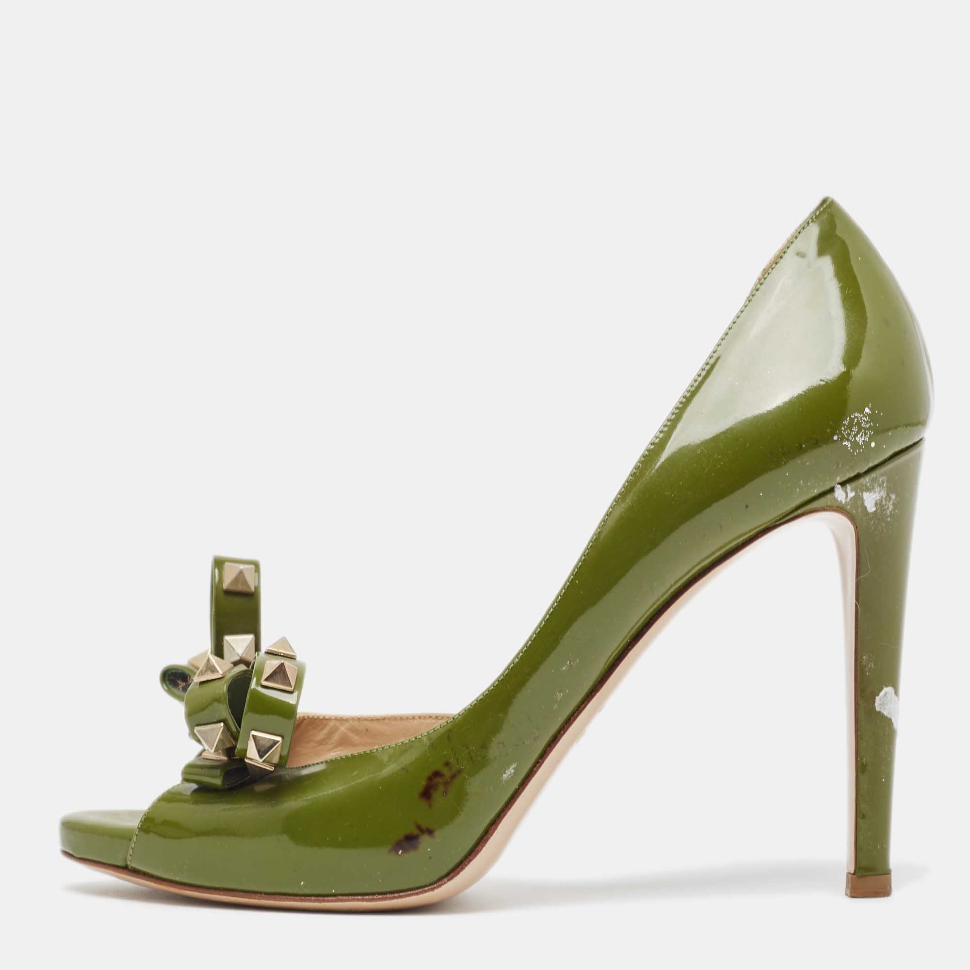 Valentino army green patent leather rockstud bow open toe d'orsay pumps size 39.5