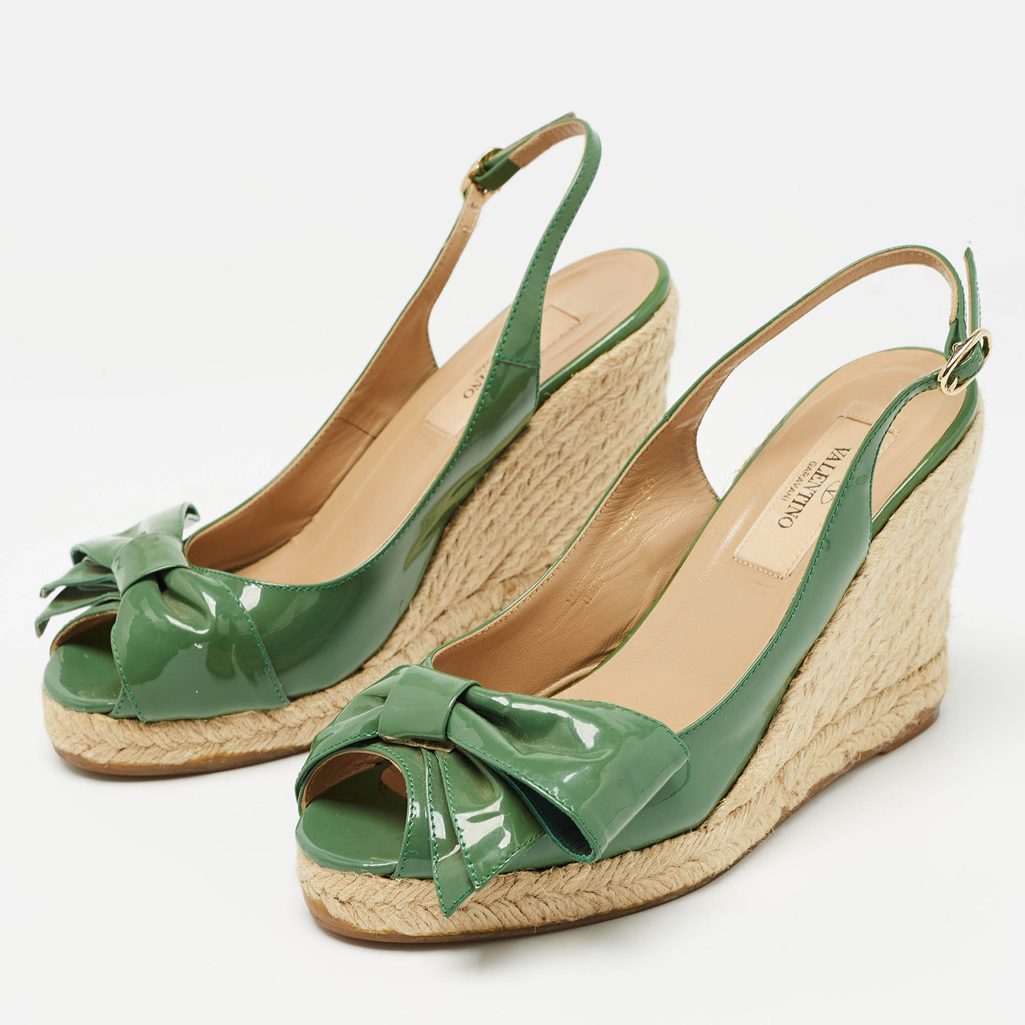 Valentino Green Patent Leather Mena Bow Espadrille Wedge Sandals Size 36