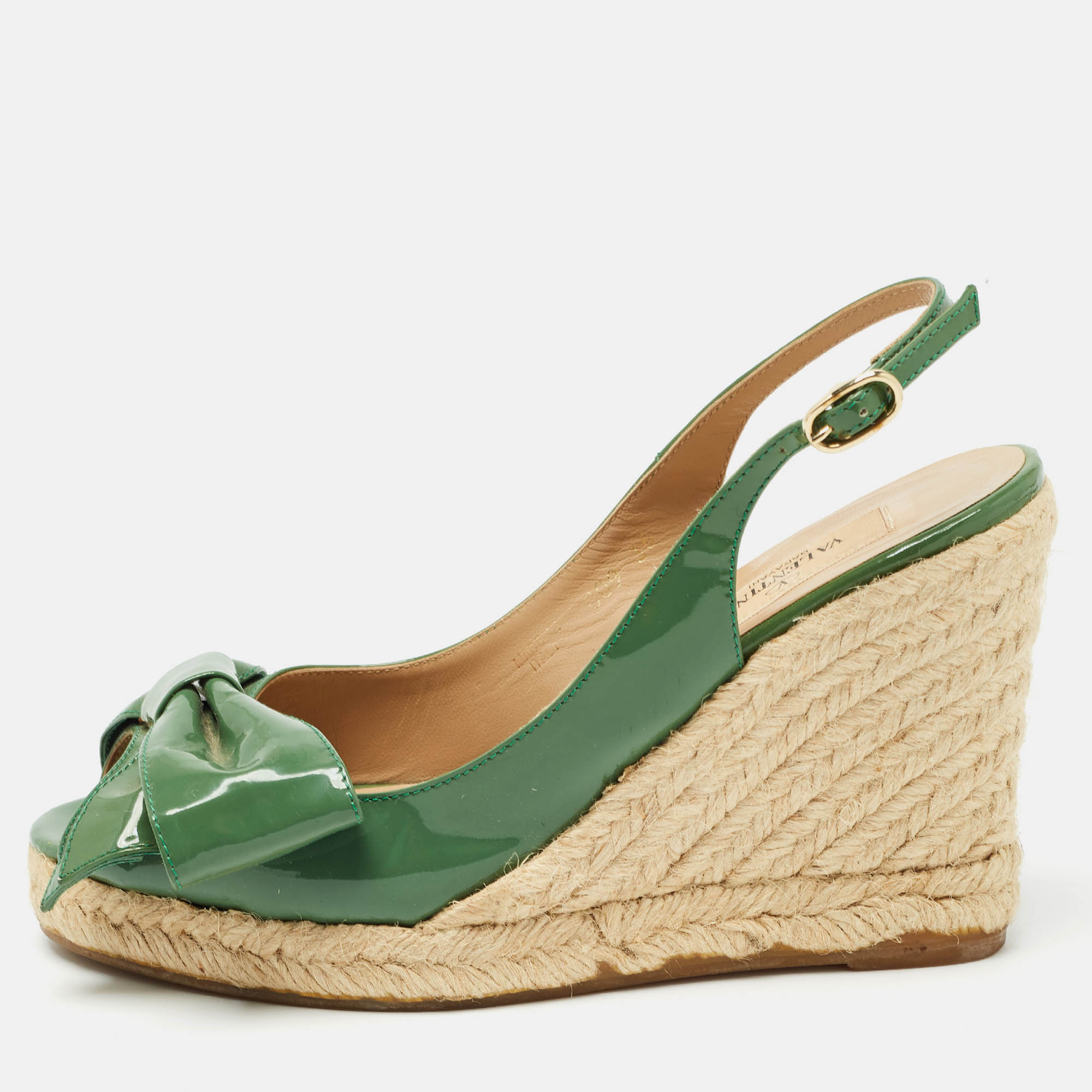 Valentino green patent leather mena bow espadrille wedge sandals size 36