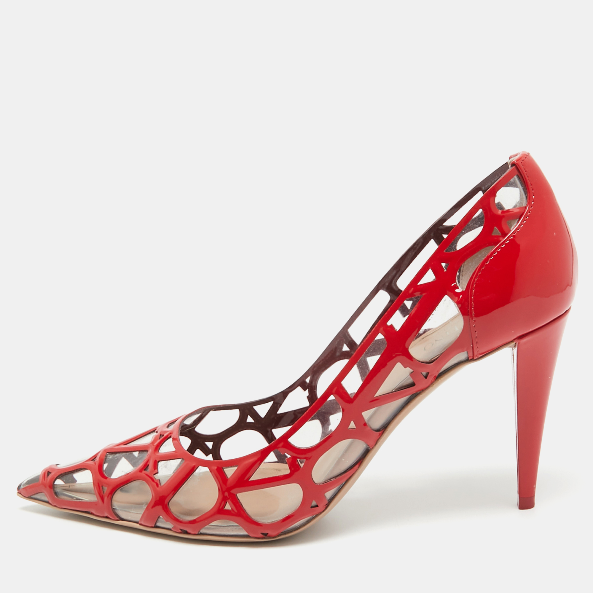 Valentino red/transparent patent and pvc pointed toe pumps size  37.5