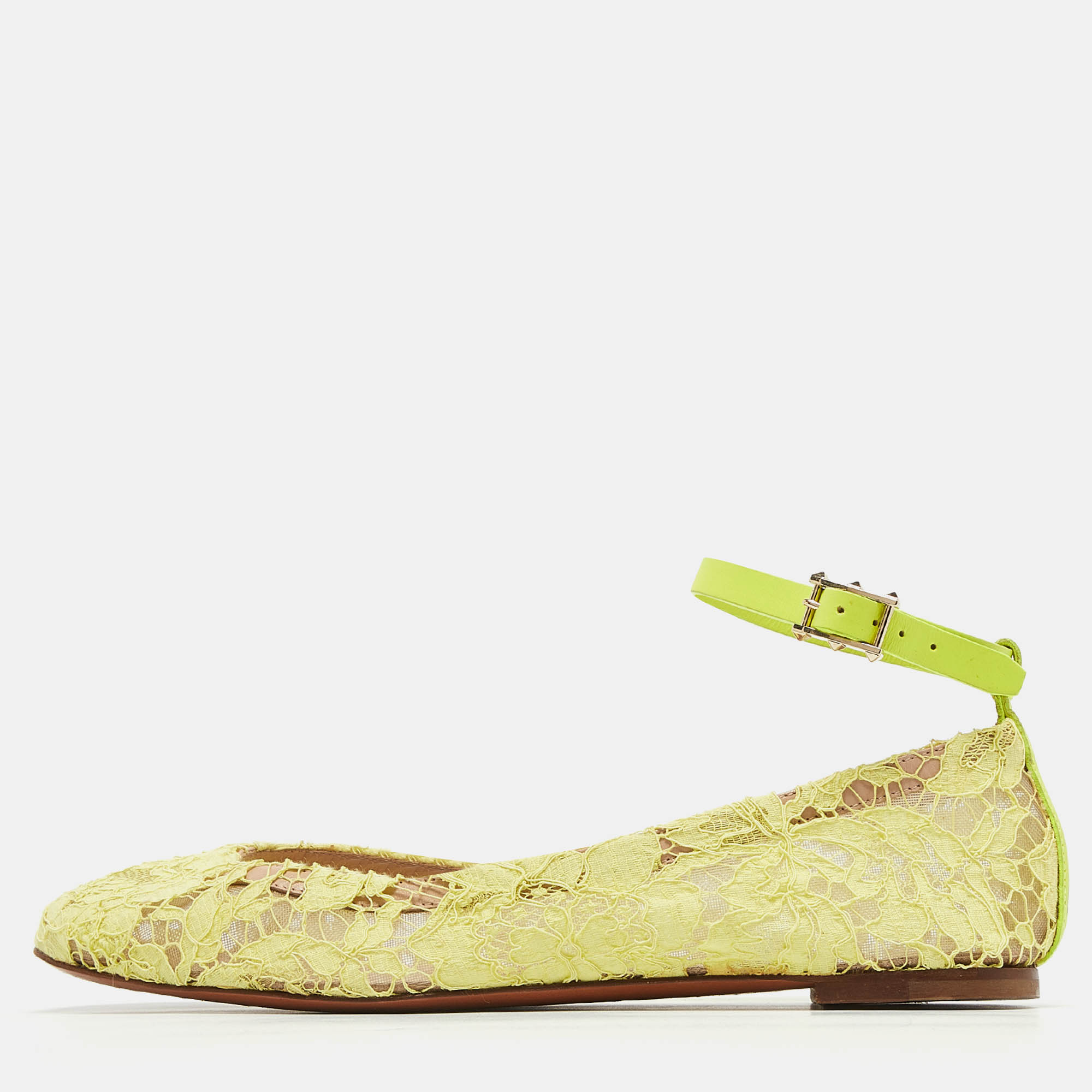 Valentino neon yellow lace and leather ankle strap ballet flats size 39