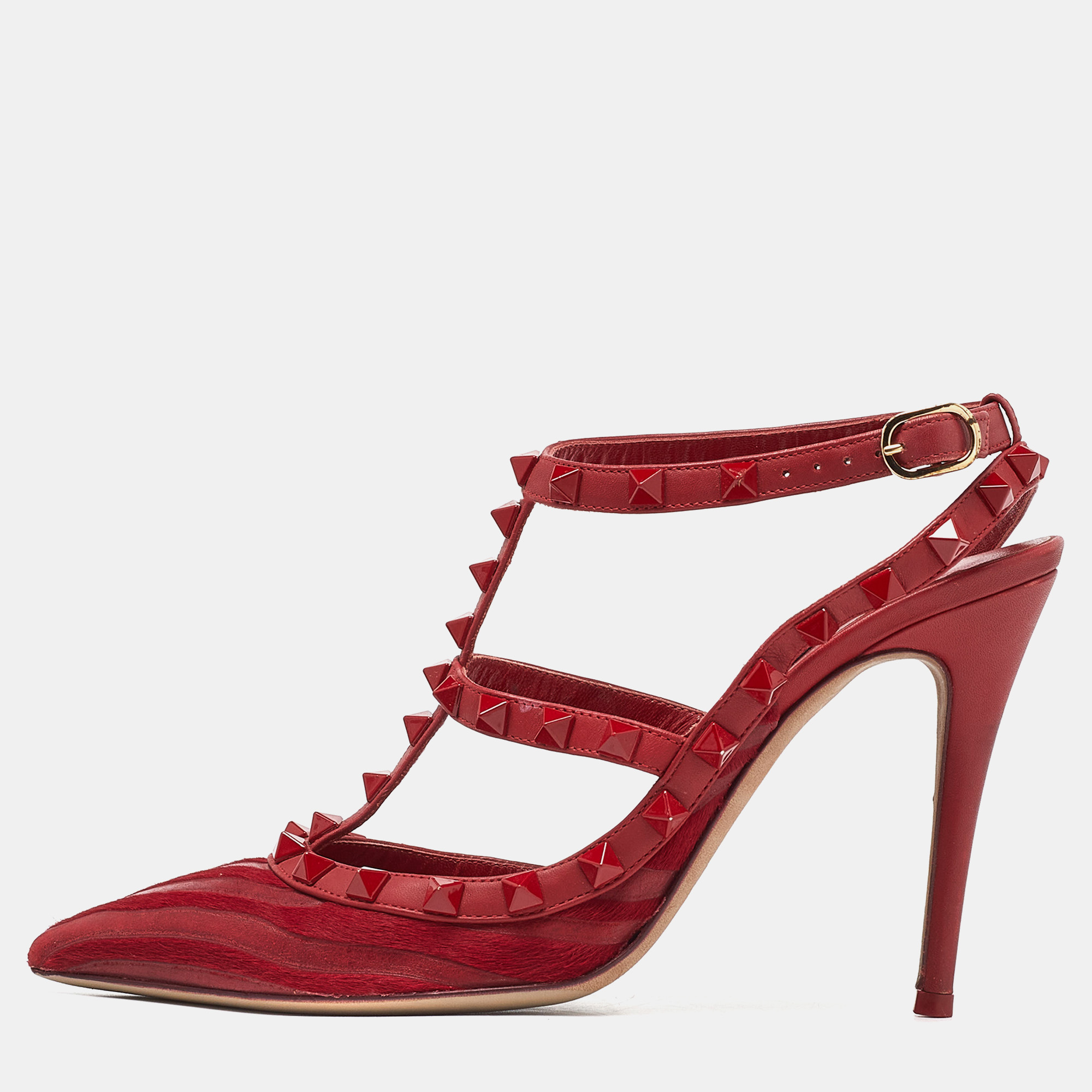 Valentino red leather and pony hair rockstud strappy pumps size 38.5