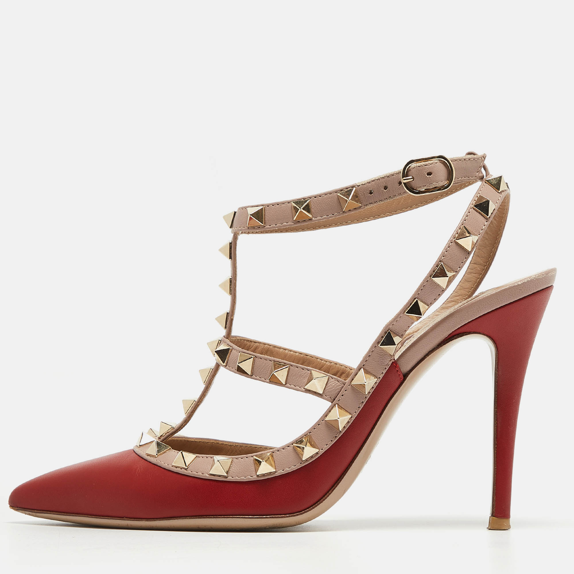 Valentino red/dusty pink leather rockstud ankle strap pumps size 37
