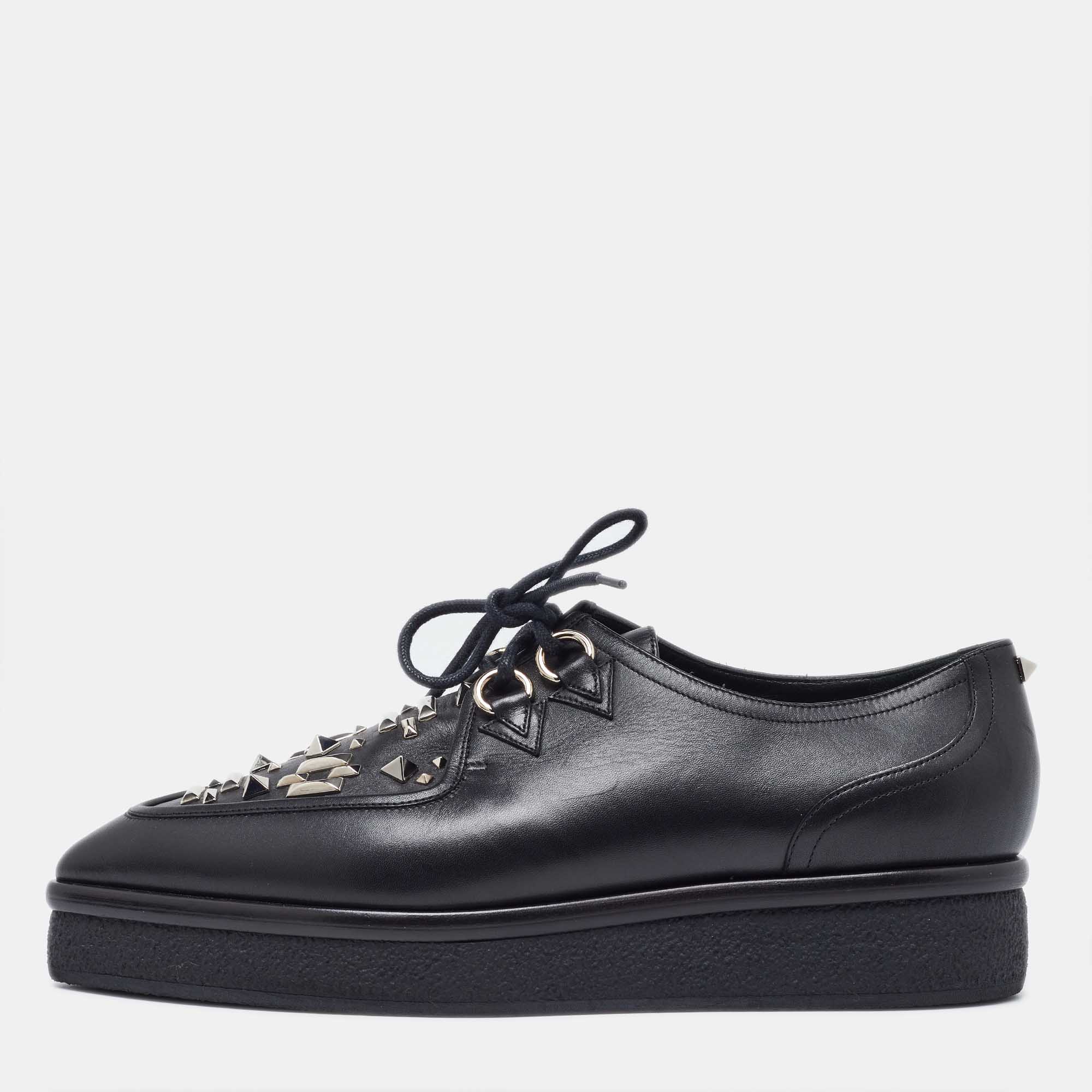 Valentino black leather studded lace up flat sneakers size 37.5