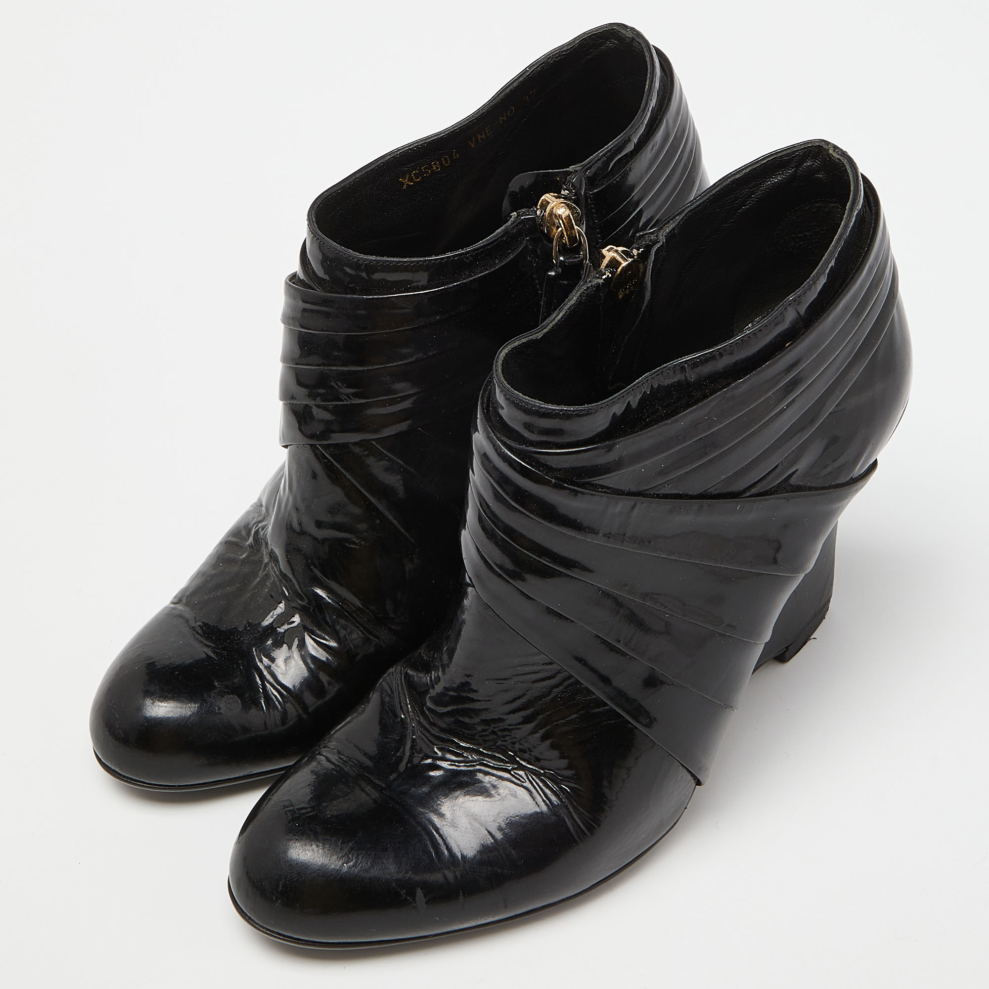 Valentino Black Patent Leather Wedge Ankle Boots Size 37