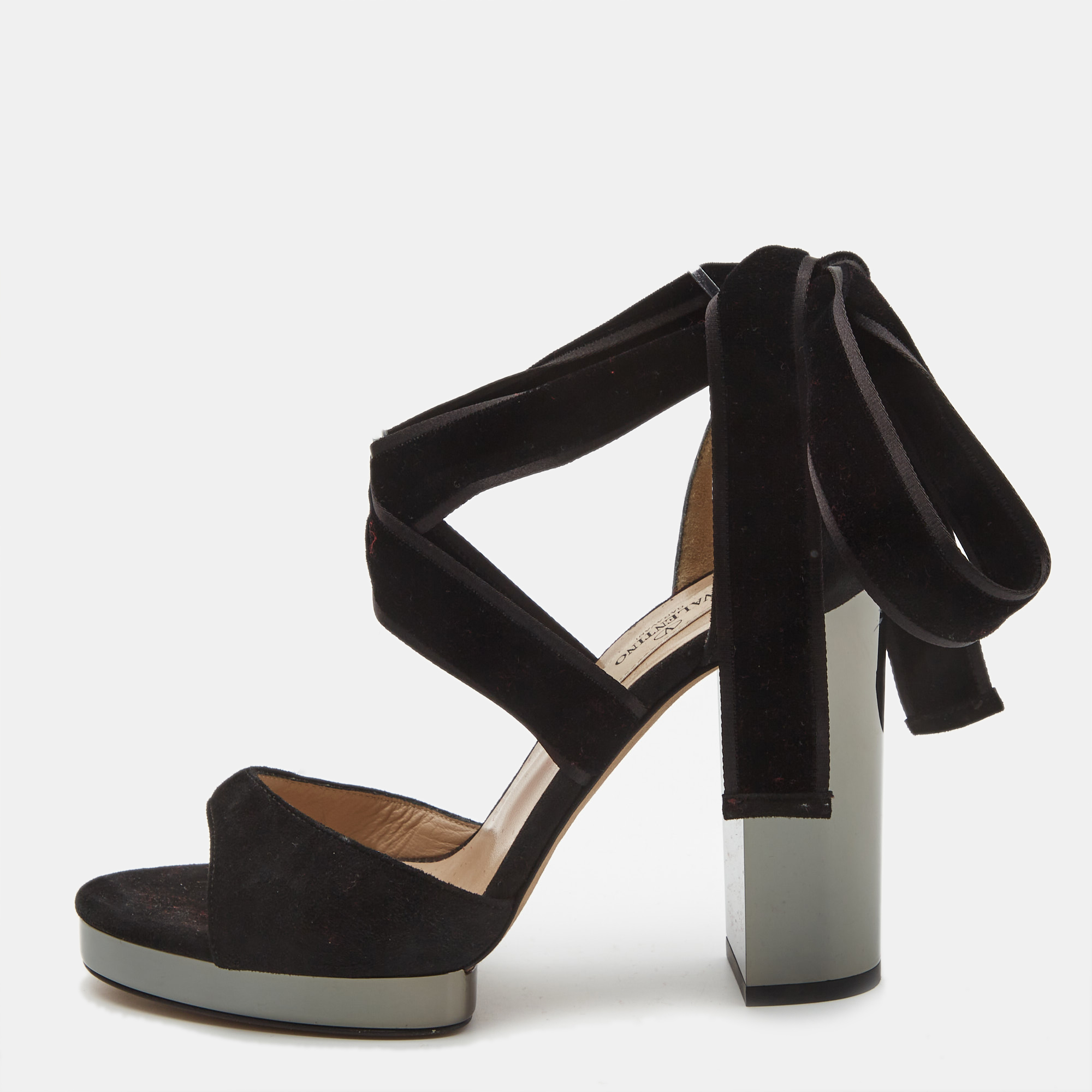 Valentino black suede platform block heel ankle strap sandals size 36