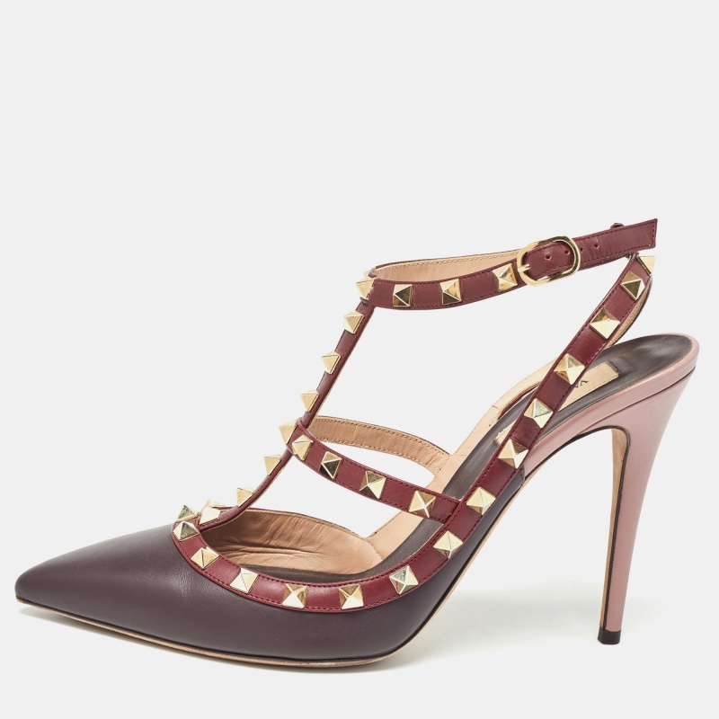 Valentino burgundy leather rockstud strappy pointed toe pumps size 41