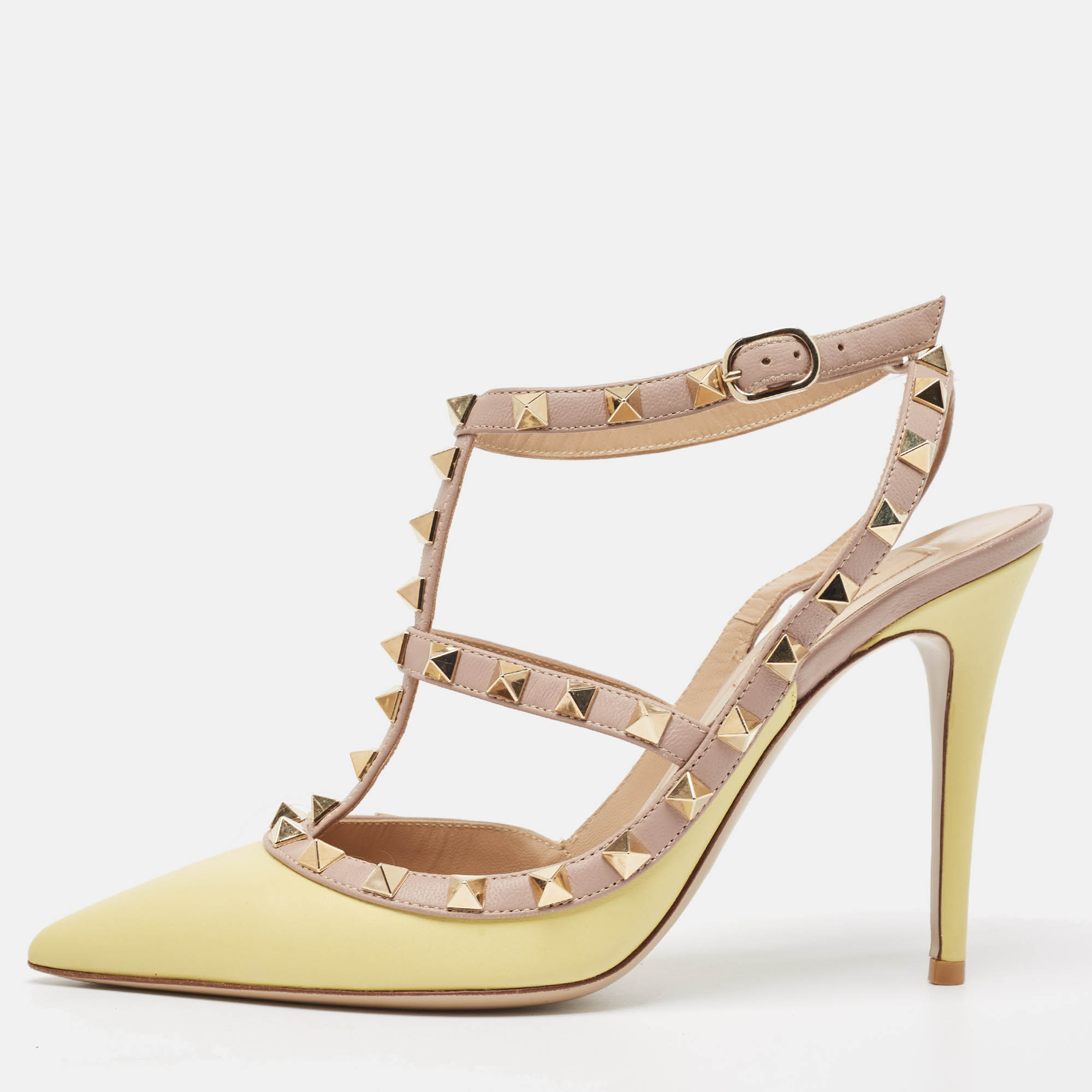 Valentino beige/yellow leather rockstud strappy pointed toe pumps size 37.5