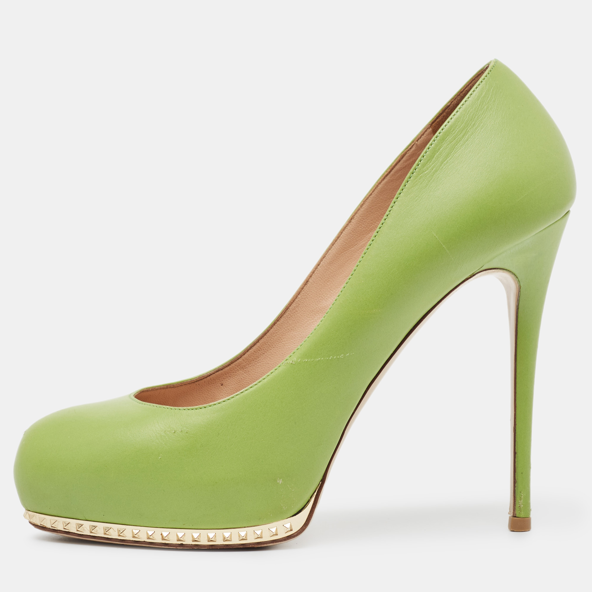 Valentino green leather spike platform round toe pumps size 37