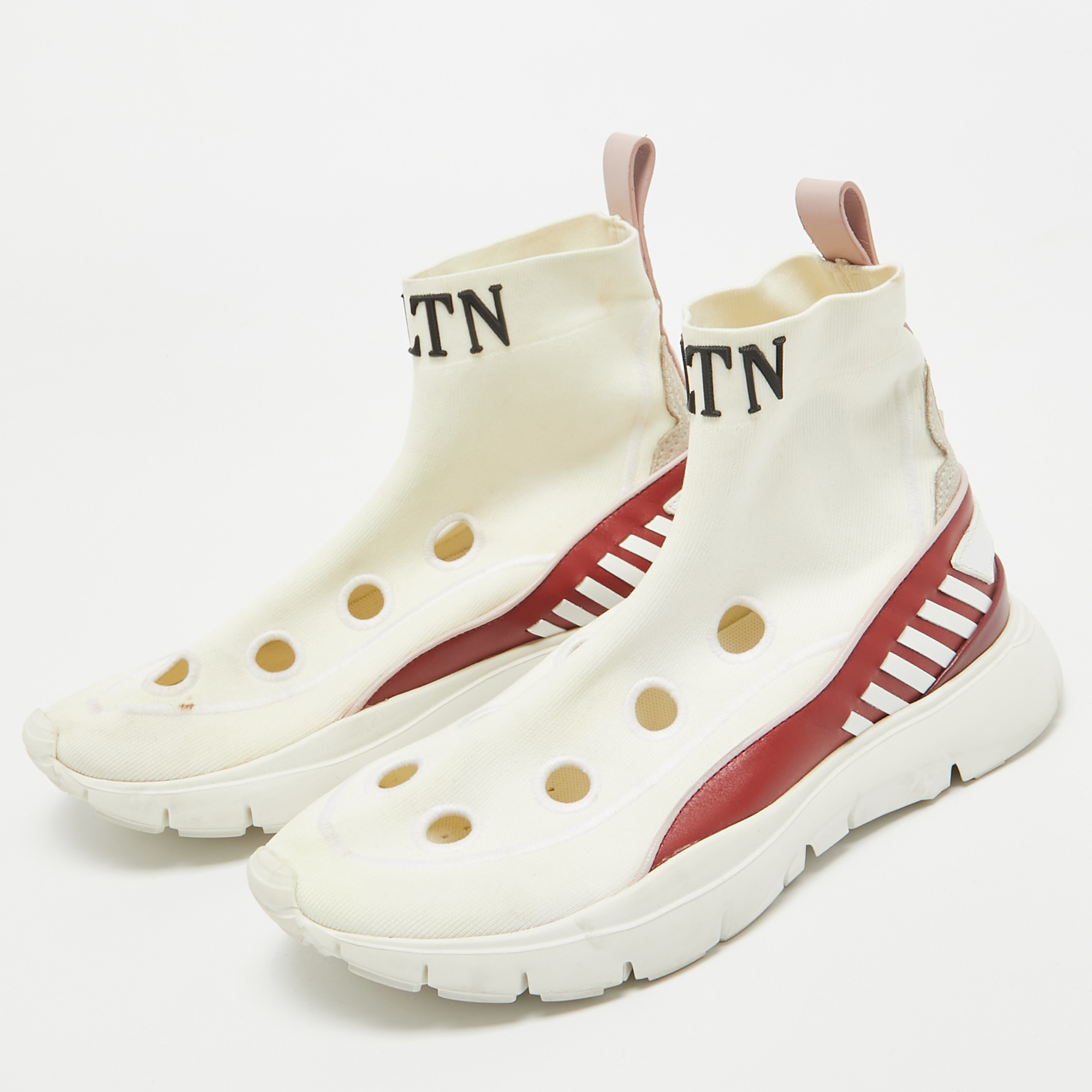 Valentino White Stretch Fabric And Leather Cut Out Rockstud Sock High Top Sneaker Size 35