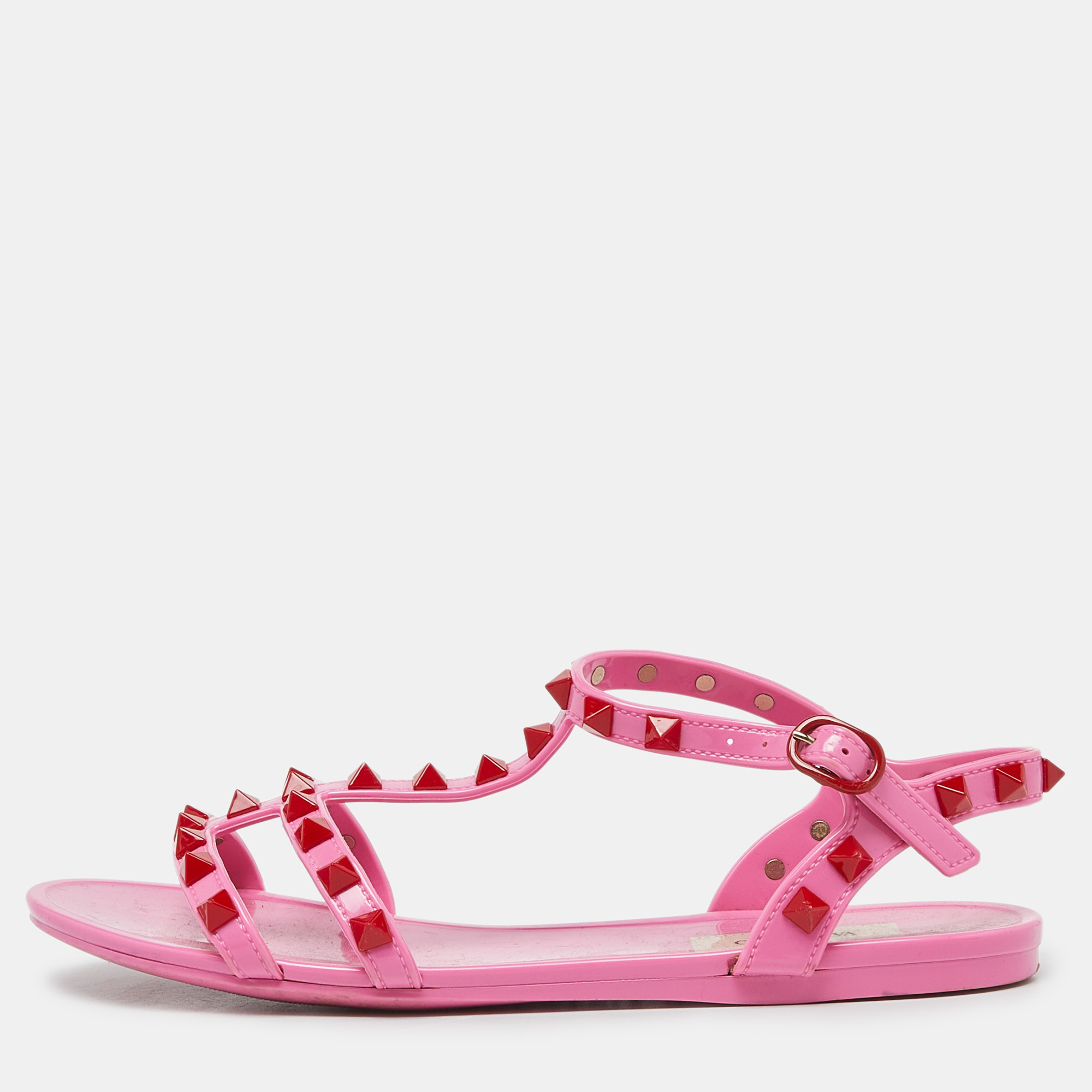 Valentino pink rubber rockstud ankle-strap flats size 35