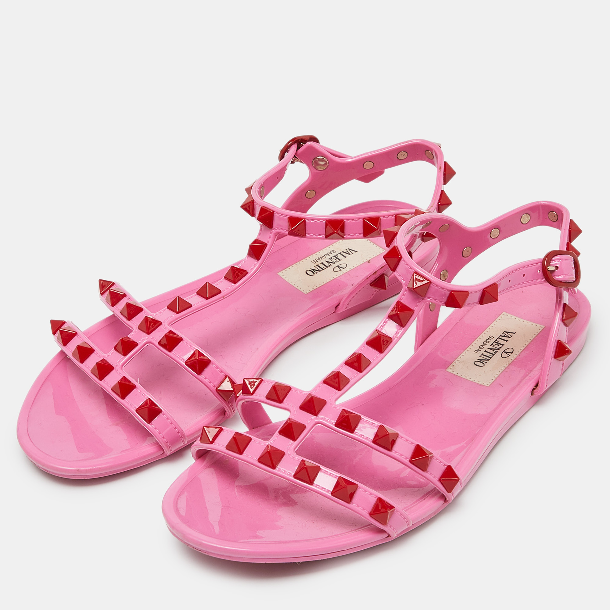 Valentino Pink Rubber Rockstud Ankle-Strap Flats Size 35