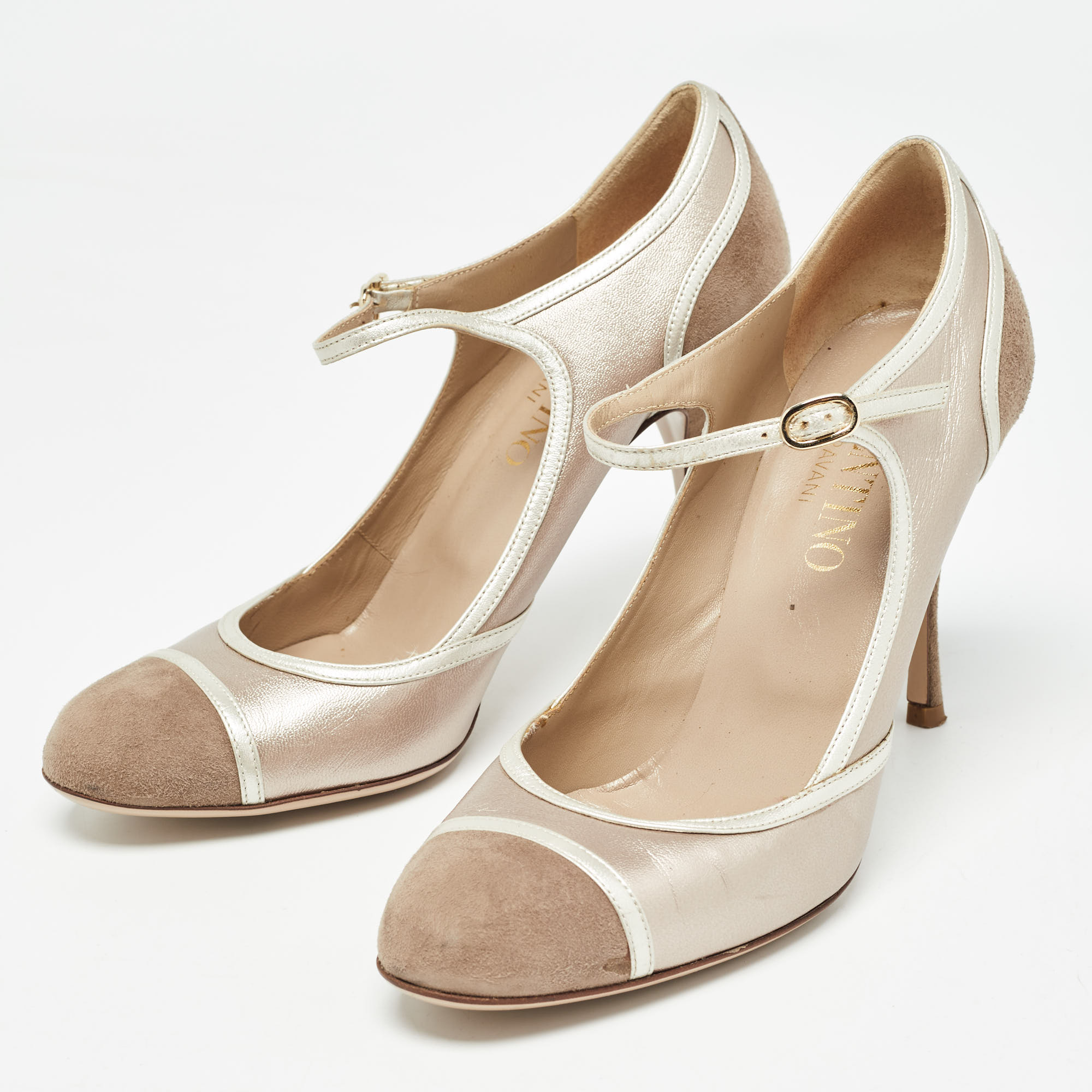 Valentino Beige Suede And Leather Ankle Strap Pumps Size 37.5