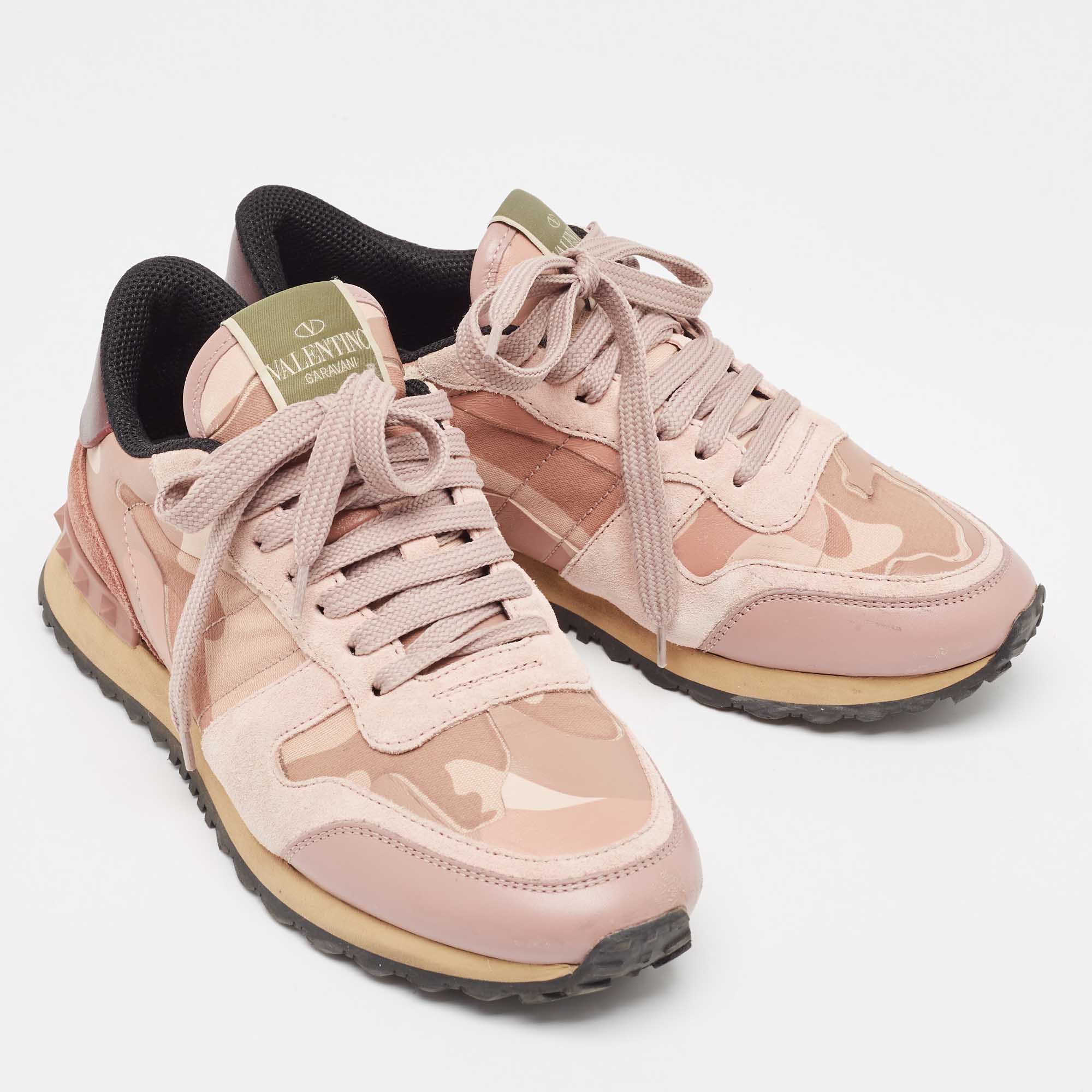 Valentino Pink/Beige Leather And Suede Camouflage Rockrunner Low Top Sneakers Size 37