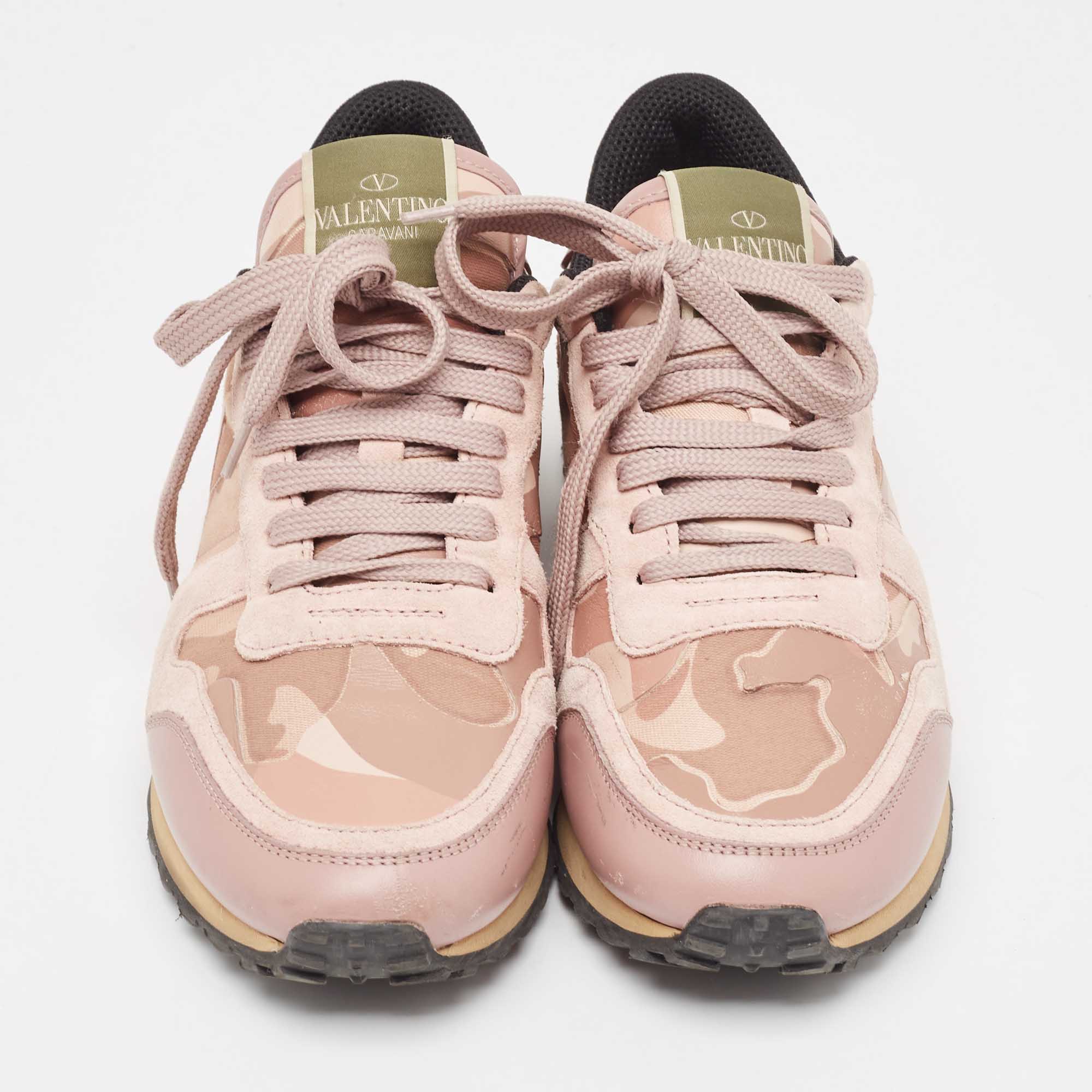 Valentino Pink/Beige Leather And Suede Camouflage Rockrunner Low Top Sneakers Size 37