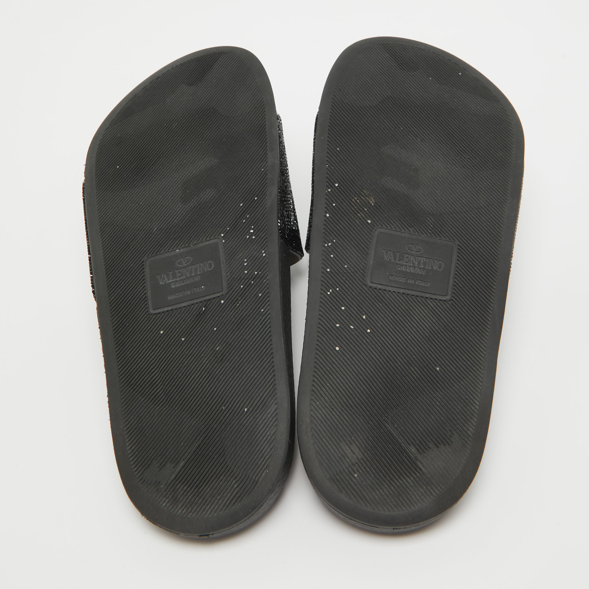 Valentino Black Leather Crystal Embellished Flat Slides Size 37