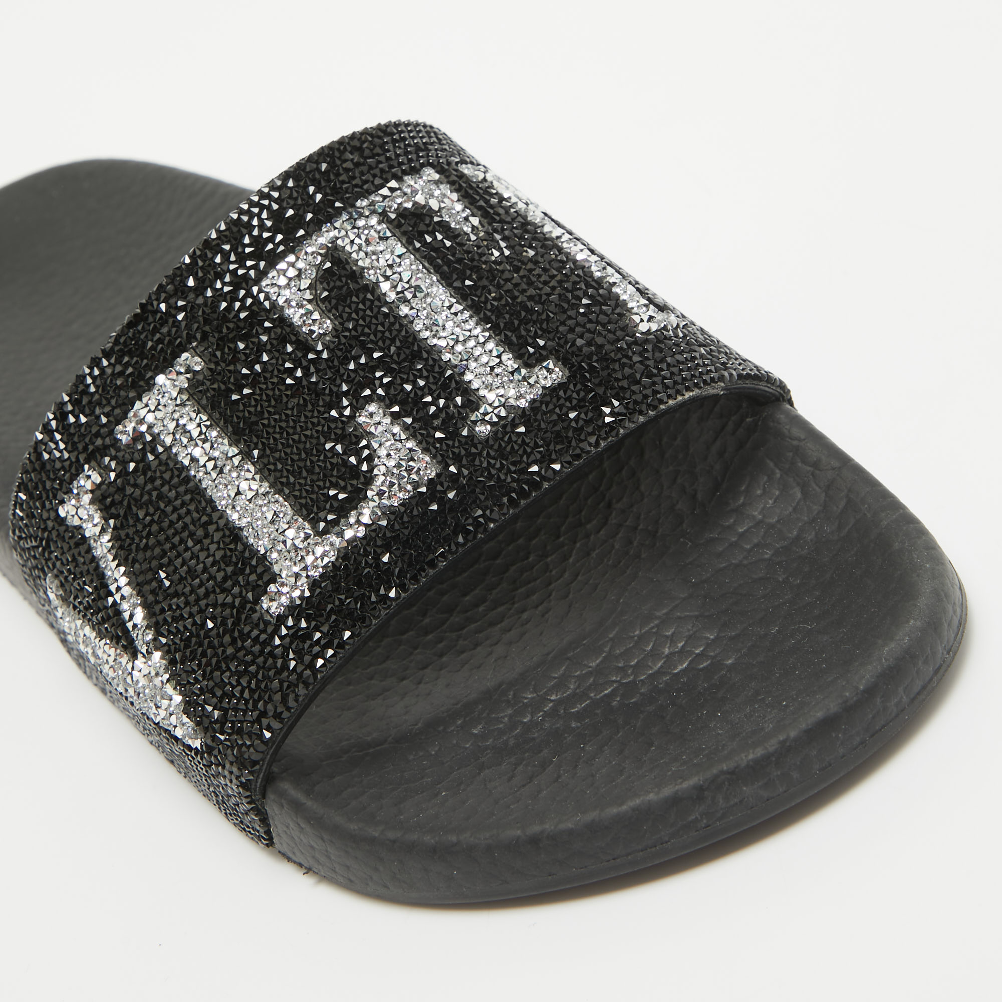 Valentino Black Leather Crystal Embellished Flat Slides Size 37