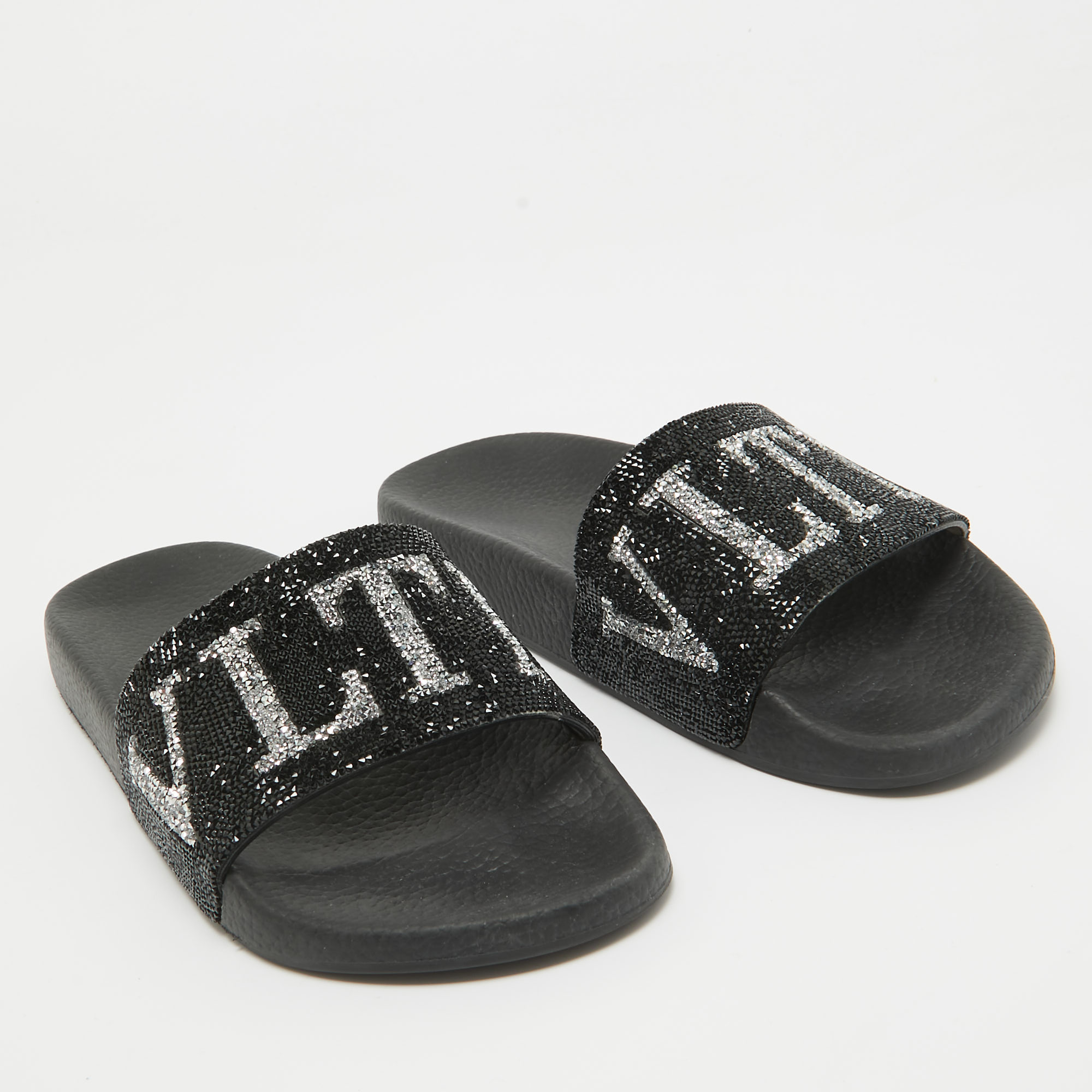 Valentino Black Leather Crystal Embellished Flat Slides Size 37