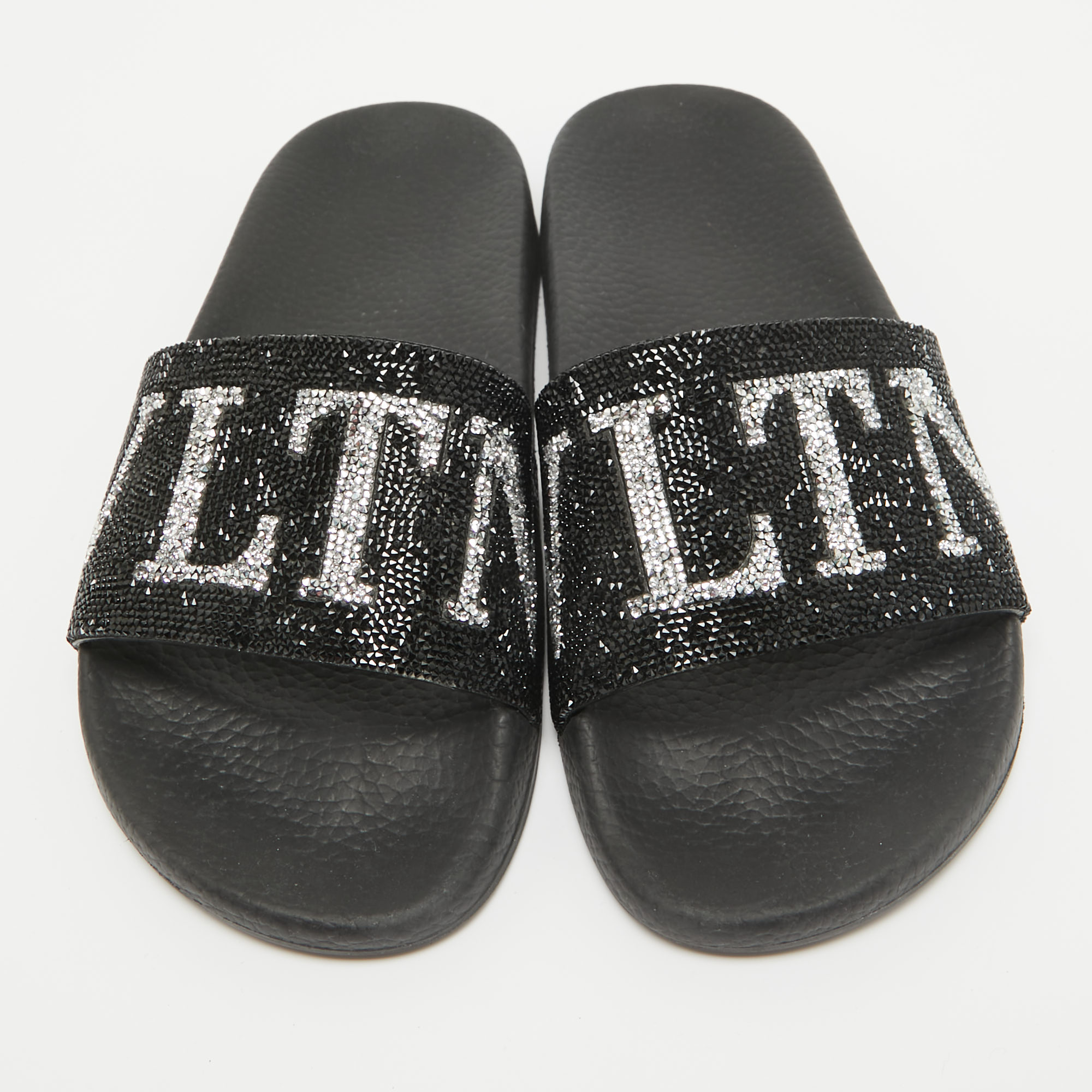 Valentino Black Leather Crystal Embellished Flat Slides Size 37