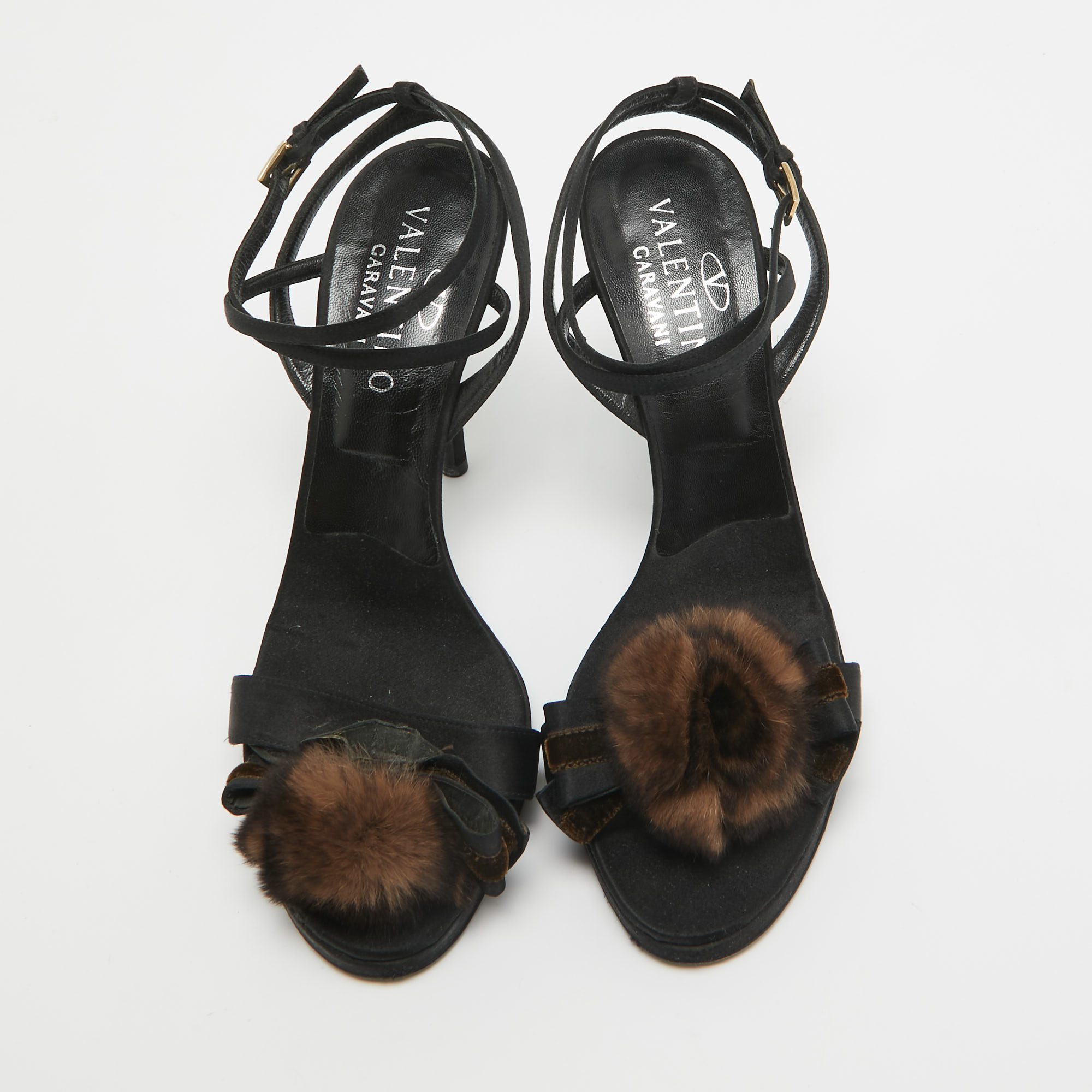 Valentino Black Satin Fur Bow Ankle Strap Sandals Size 38