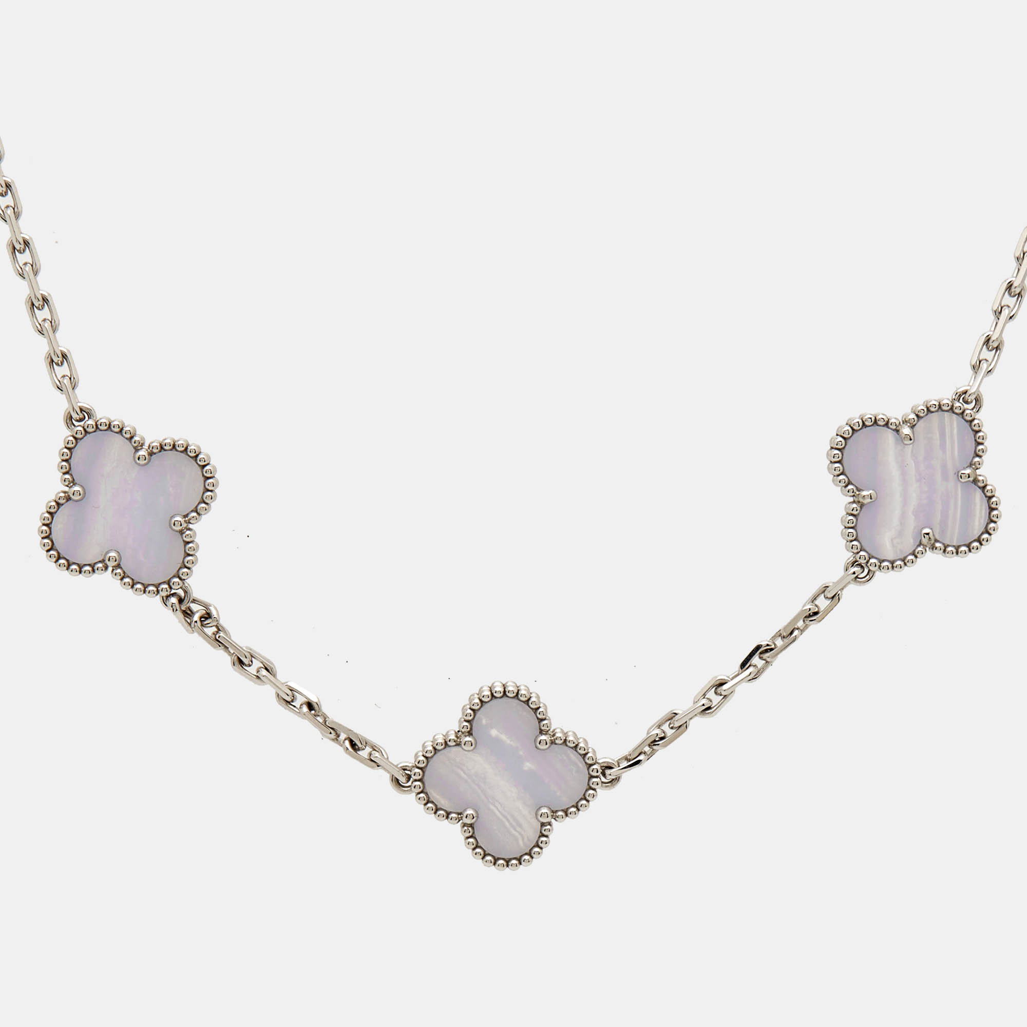 Van Cleef & Arpels Vintage Alhambra Chalcedony 18k White Gold 10 Motif Station Necklace