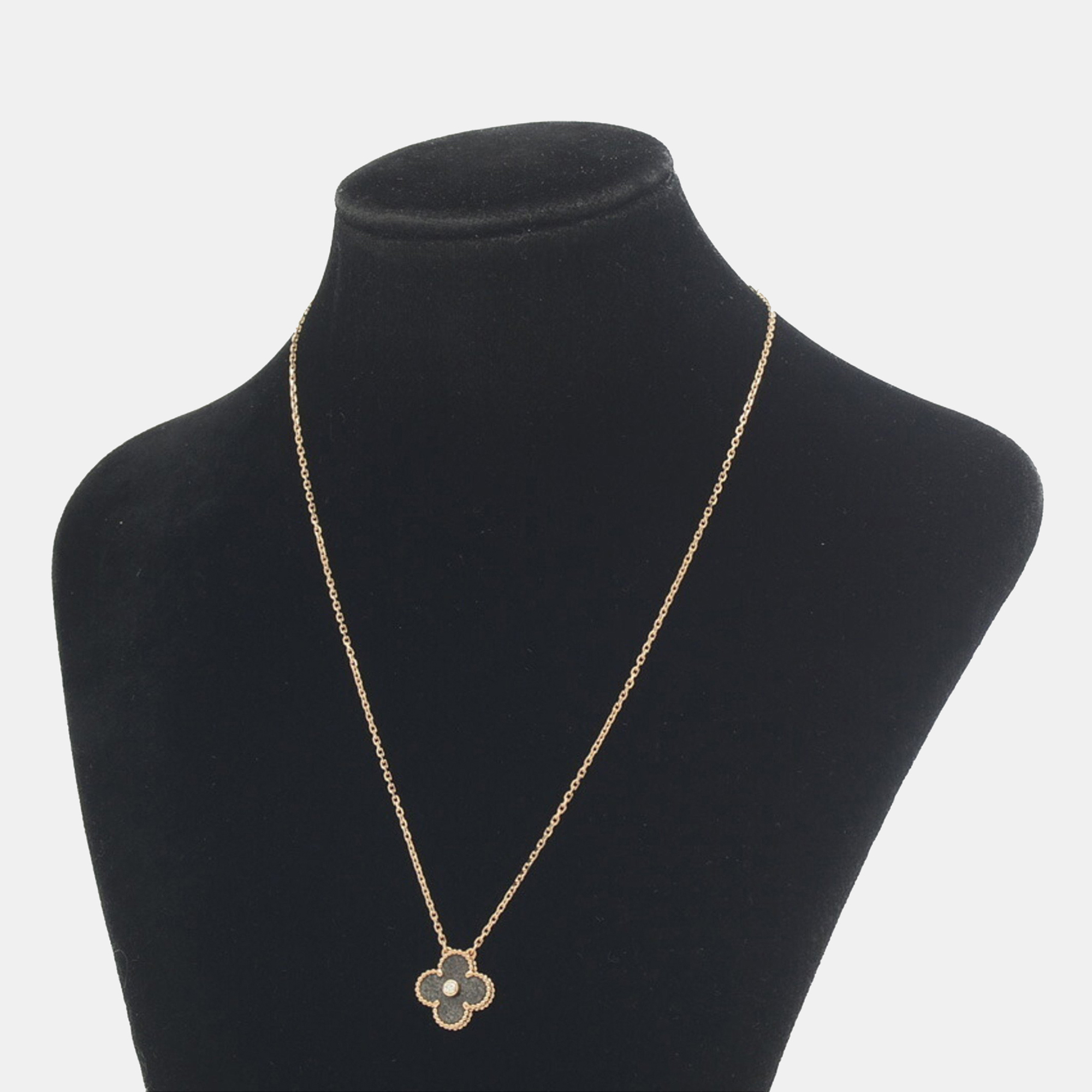 Van Cleef & Arpels Silver Obsidian And 18K Rose Gold Vintage Alhambra Pendant Necklace