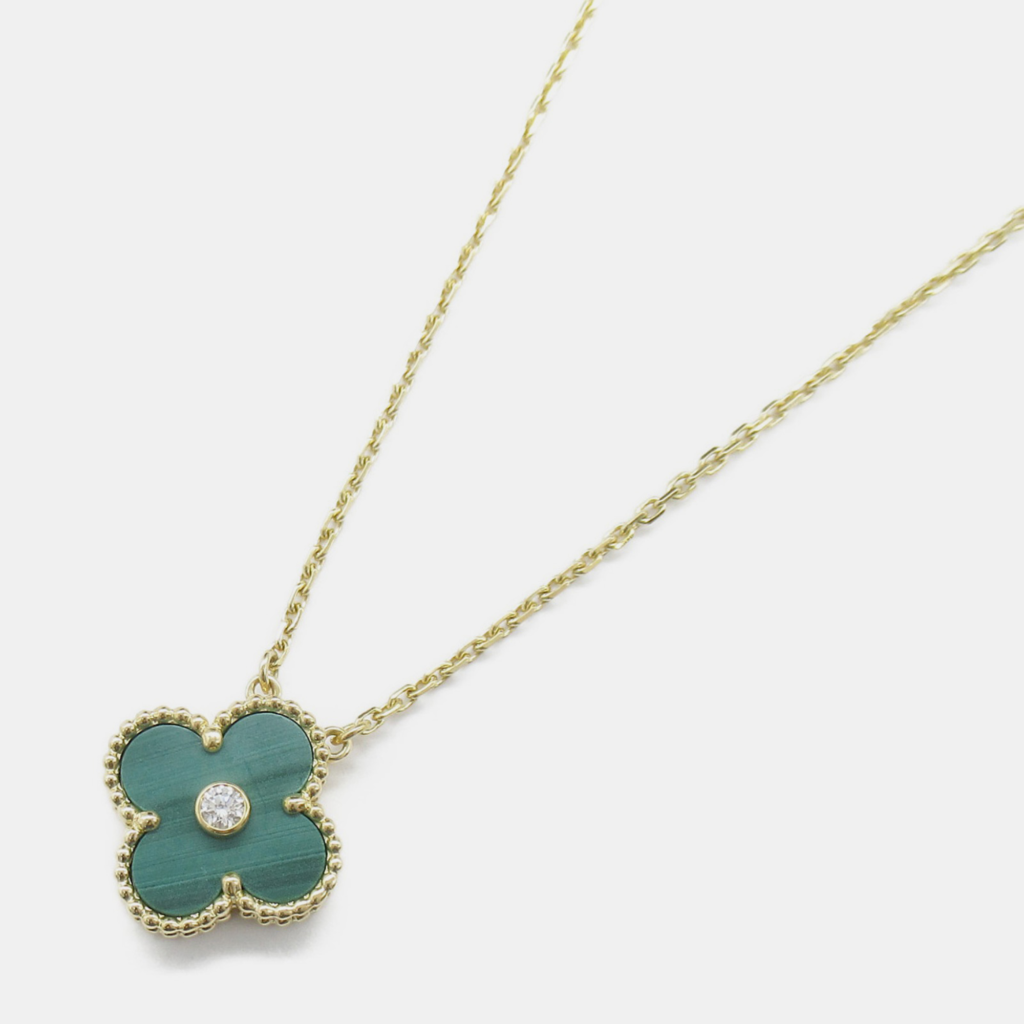 Van Cleef & Arpels 18K Yellow Gold, Malachite And Diamond Vintage Alhambra Pendant Necklace