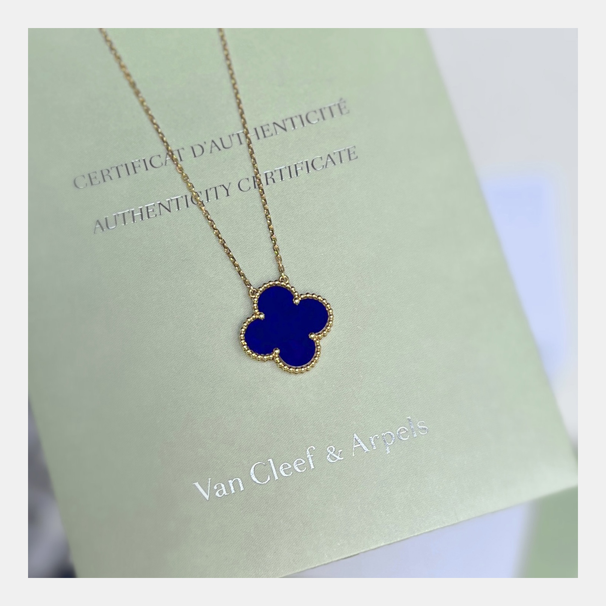 Van Cleef & Arpels 18K Yellow Gold Blue Enamel Medium Vintage Alhambra Necklace
Van Cleef & Arpels 18K Yellow Gold Blue Enamel Medium Vintage Alhambra Necklace