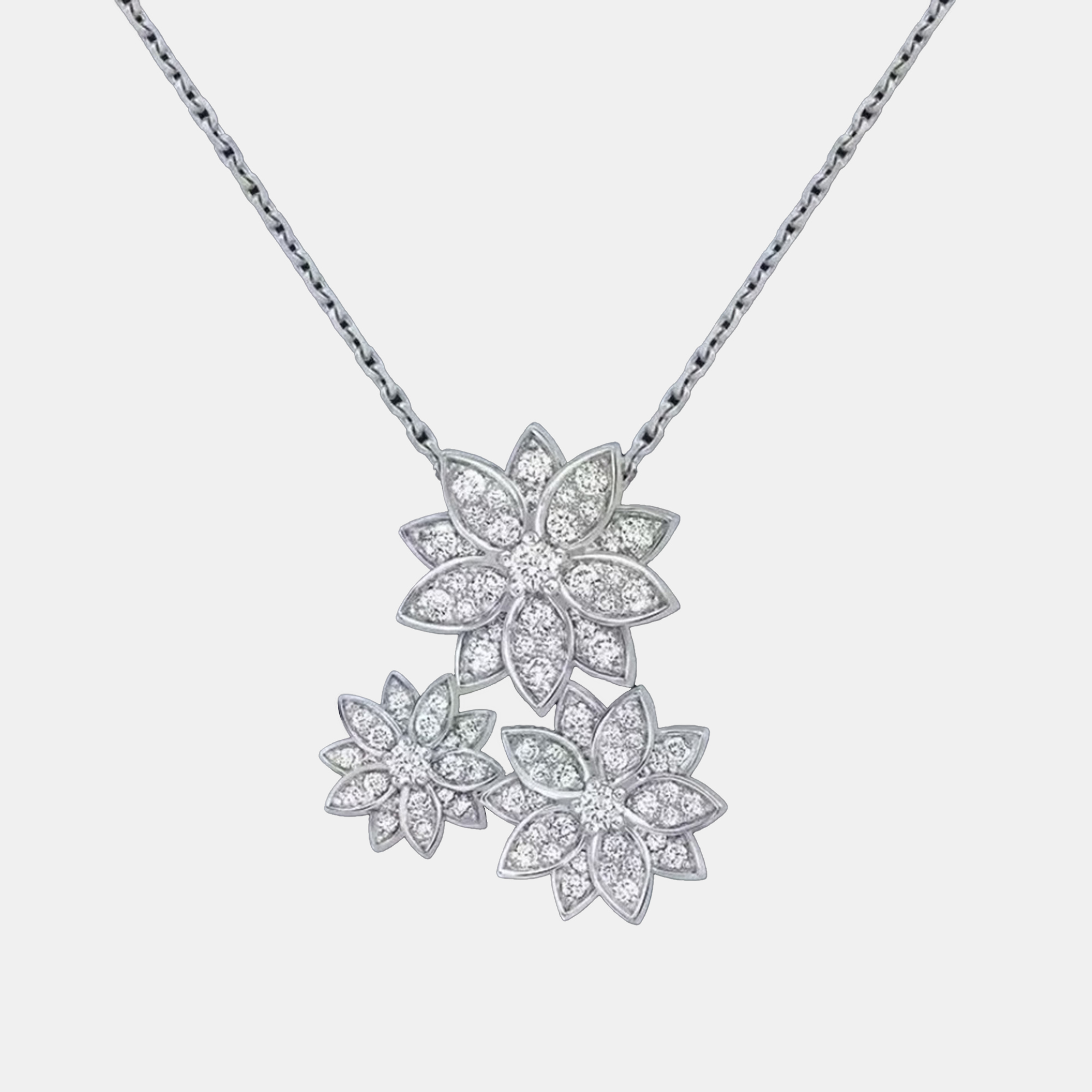 Van Cleef & Arpels 18K White Gold Full Diamond Lotus Pendant Three Flower Necklace
Van Cleef & Arpels 18K White Gold Full Diamond Lotus Pendant Three Flower Necklace