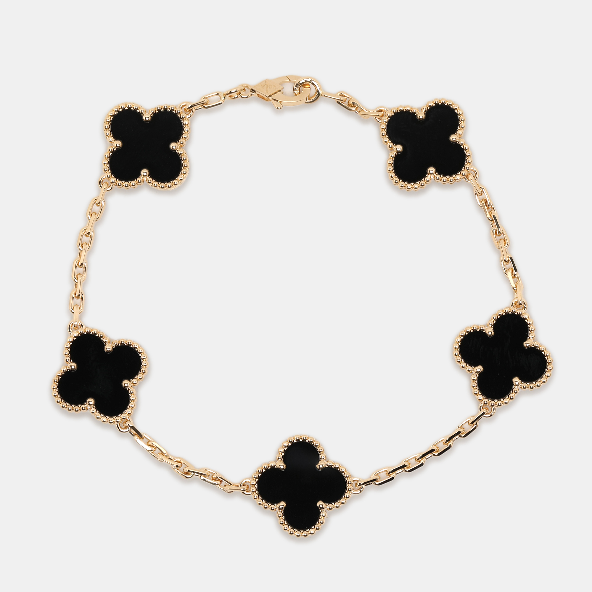 Van Cleef & Arpels Vintage Alhambra Onyx 18k Yellow Gold 5 Motif Bracelet
Van Cleef & Arpels Vintage Alhambra Onyx 18k Yellow Gold 5 Motif Bracelet
