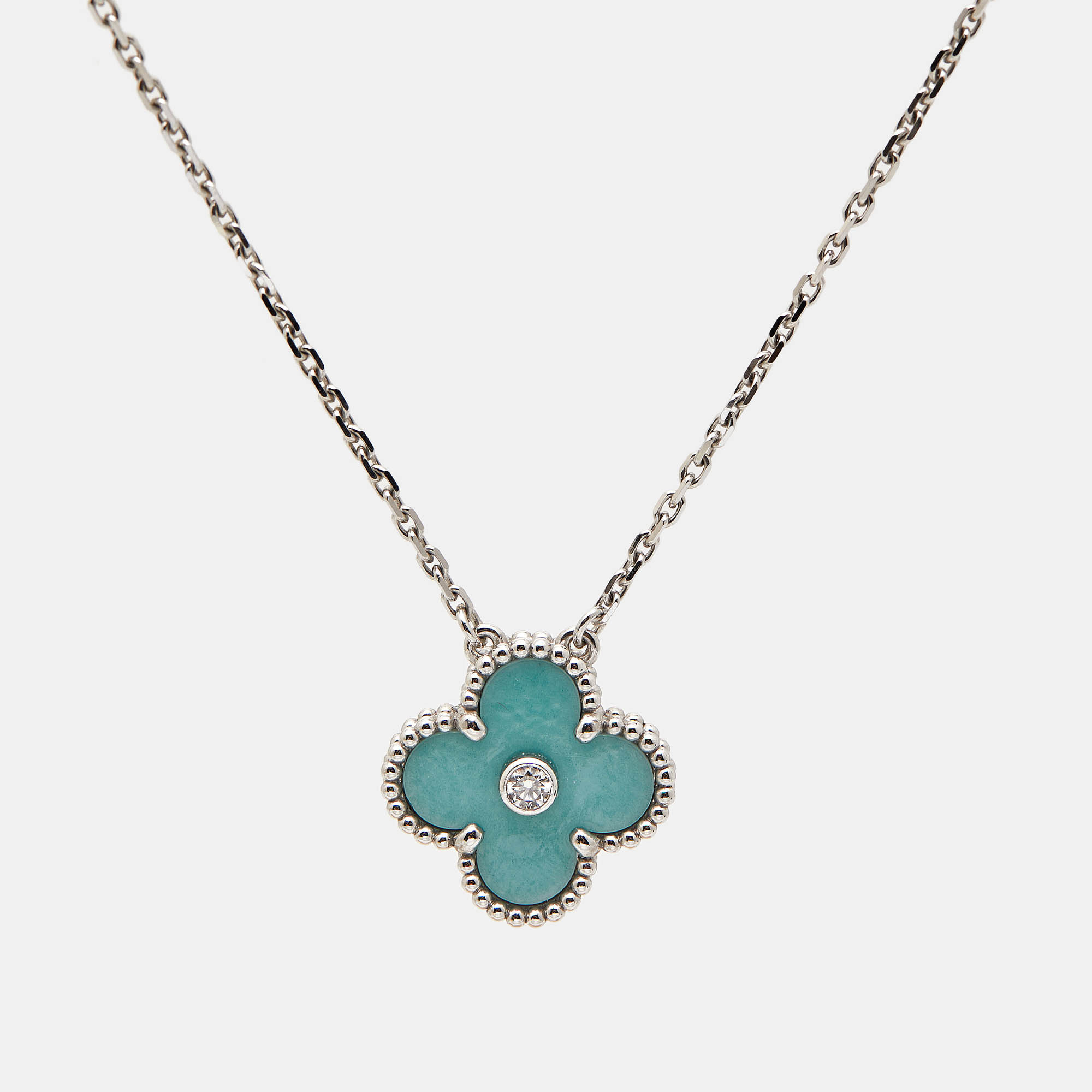Van Cleef & Arpels Vintage Alhambra Limited Edition Holiday 2022 Celadon Sevres Porcelain Diamond 18k White Gold Necklace
Van Cleef & Arpels Vintage Alhambra Limited Edition Holiday 2022 Celadon Sevres Porcelain Diamond 18k White Gold Necklace