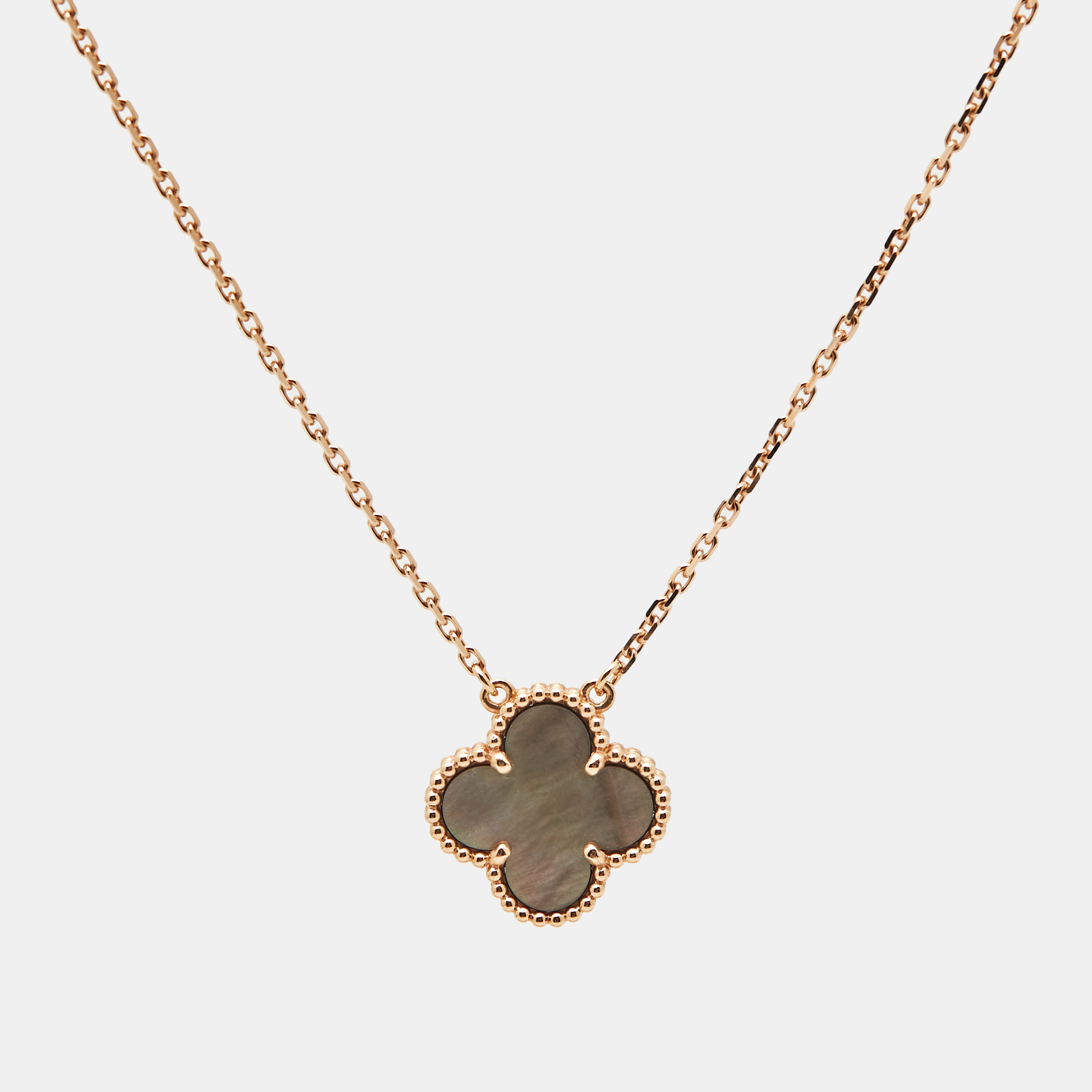 Van Cleef & Arpels Vintage Alhambra Grey Mother of Pearl 18k Rose Gold Necklace
Van Cleef & Arpels Vintage Alhambra Grey Mother of Pearl 18k Rose Gold Necklace